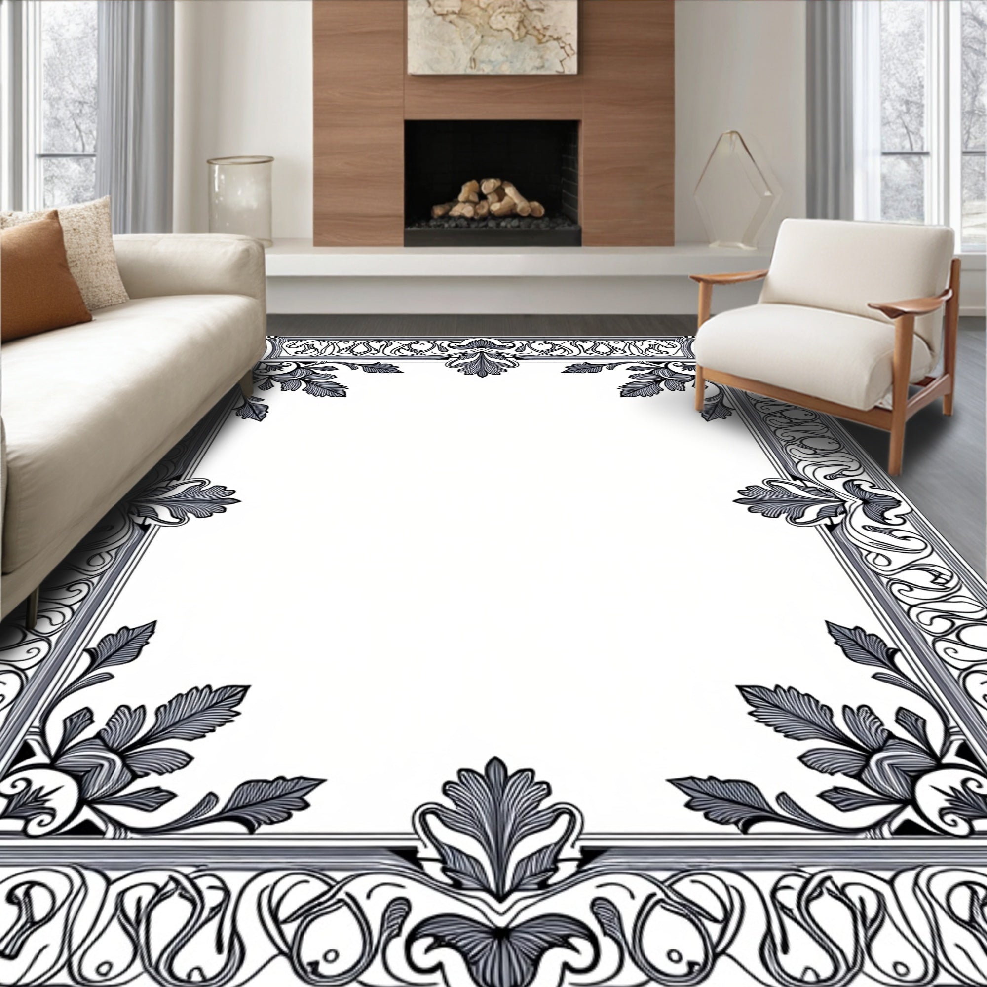 Ornate Black White Floral Border Design Rug