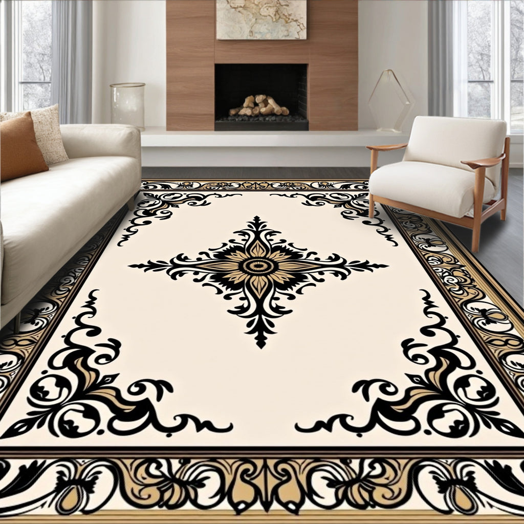 Ornate Black Gold Floral Motif Rug