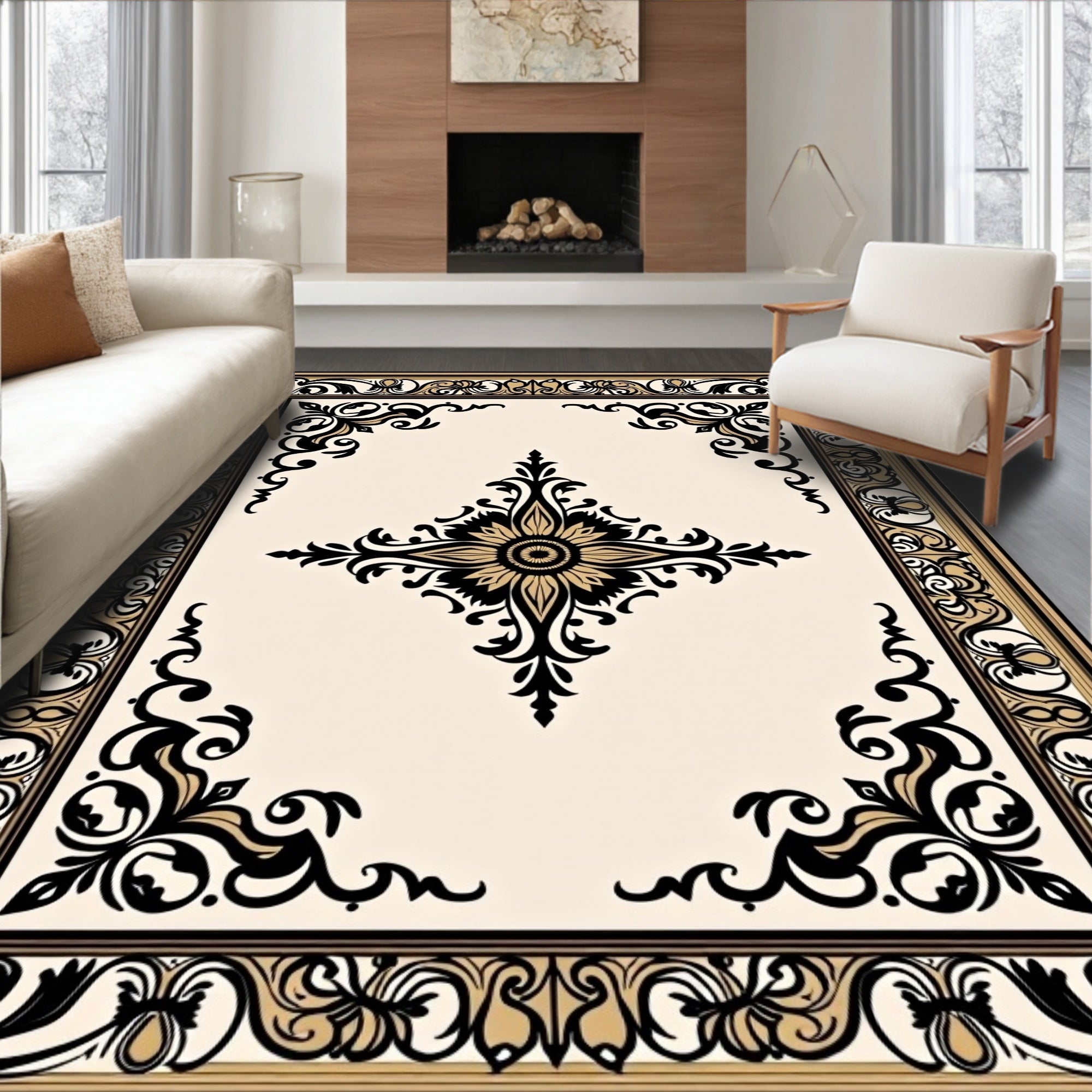 Ornate Black Gold Floral Motif Rug