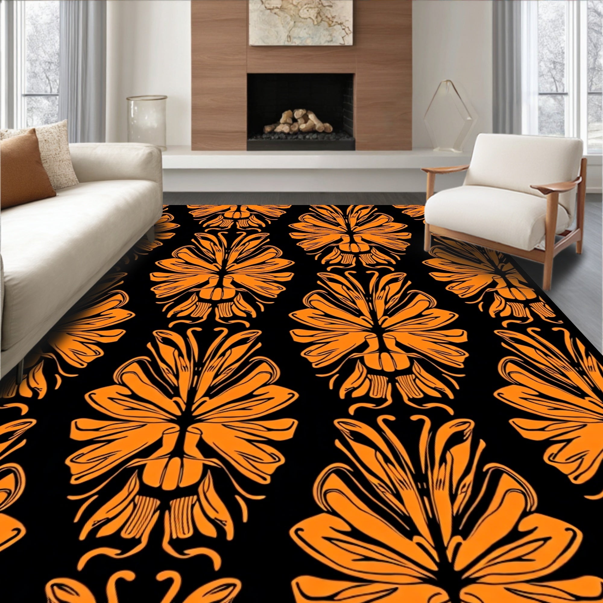 Bold Orange Floral Pattern Rug