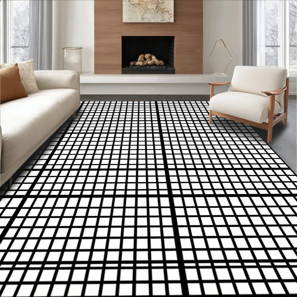 Bold Black White Grid Design Rug