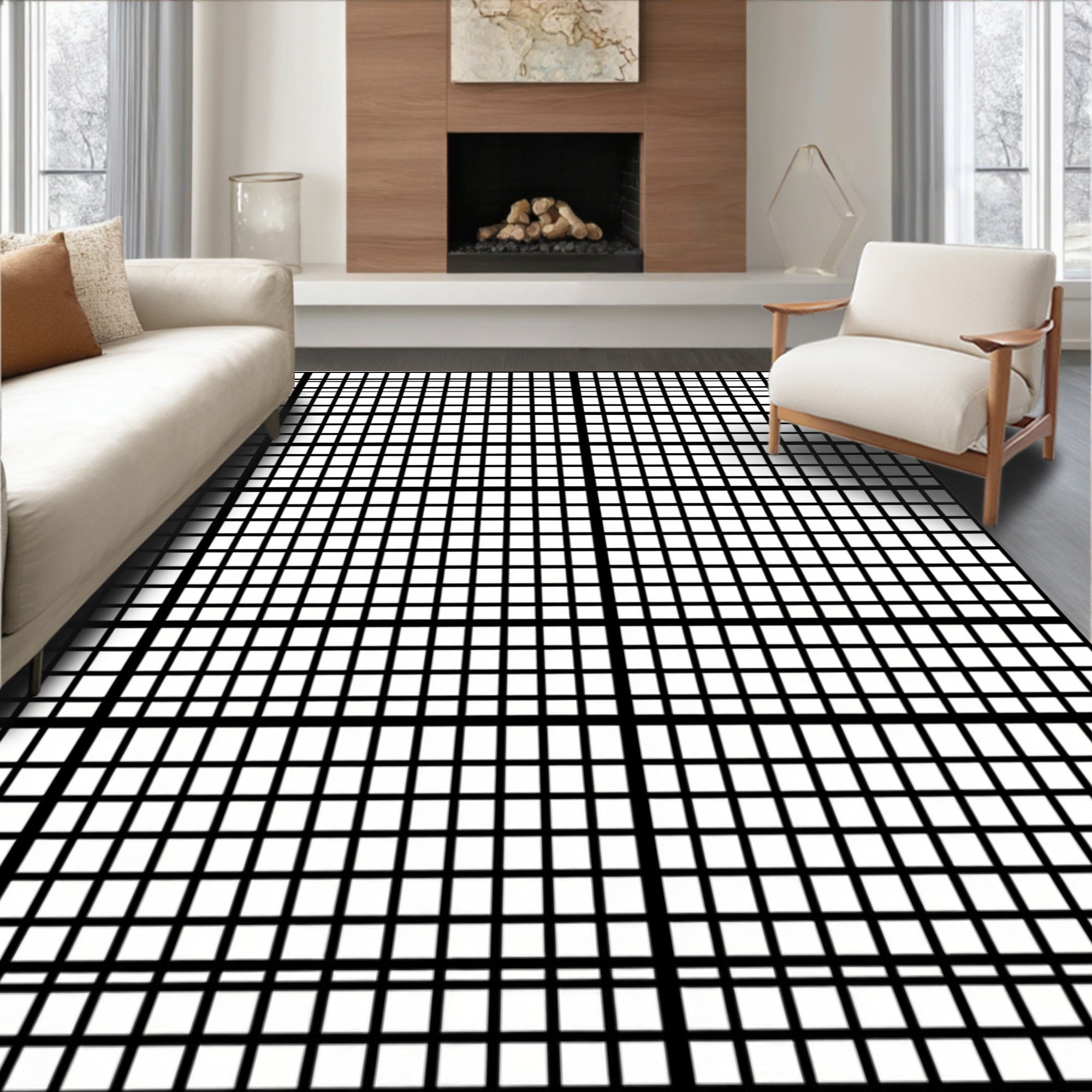 Bold Black White Grid Design Rug