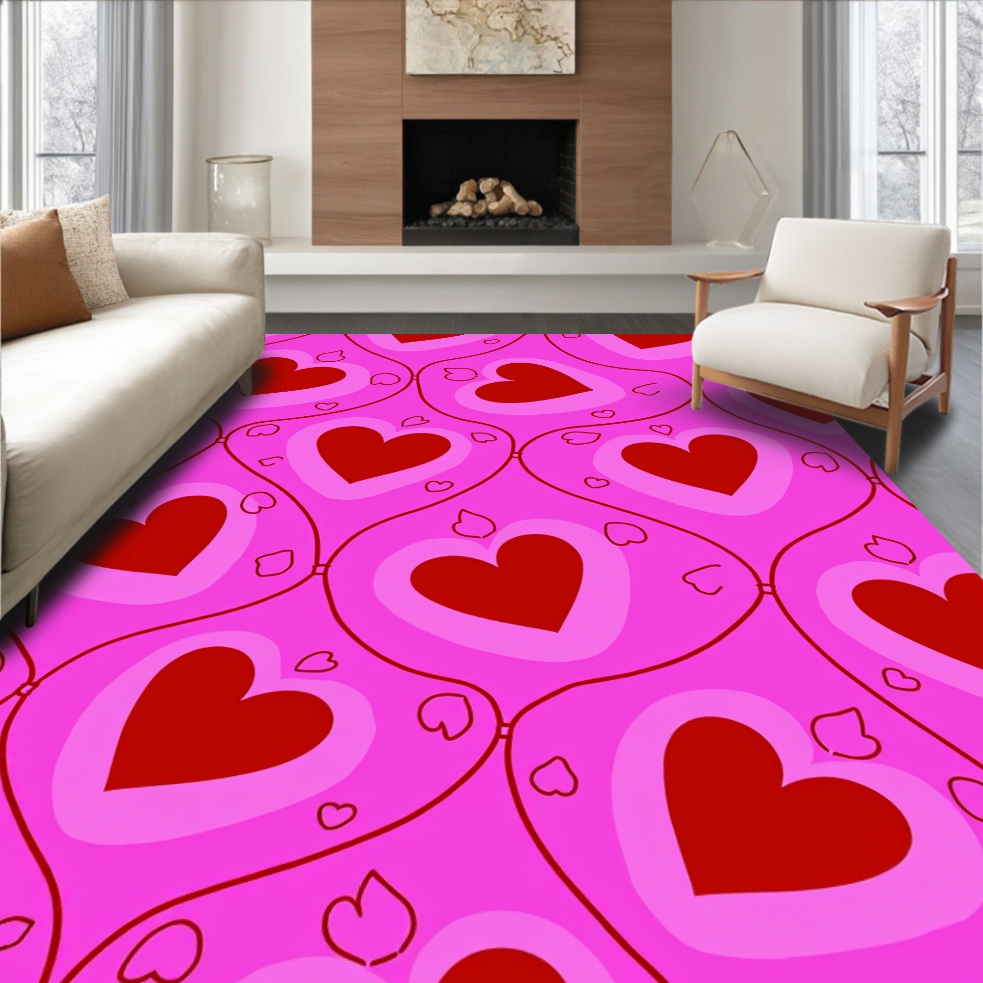 Pink Hearts Patterned Design Rug