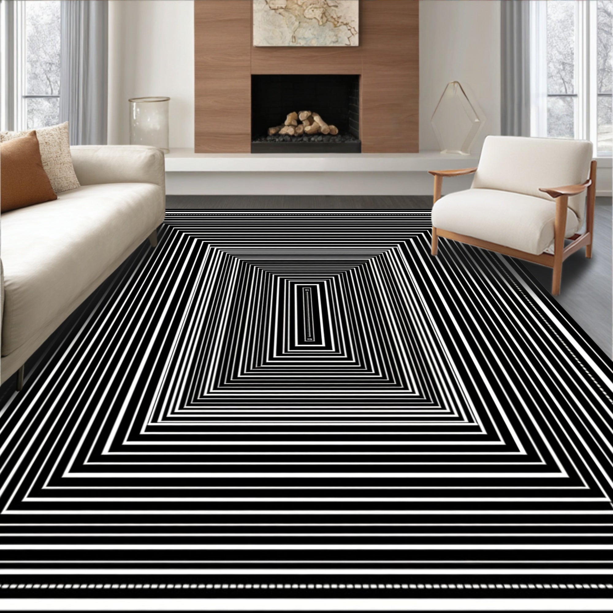 Black White Concentric Squares Rug