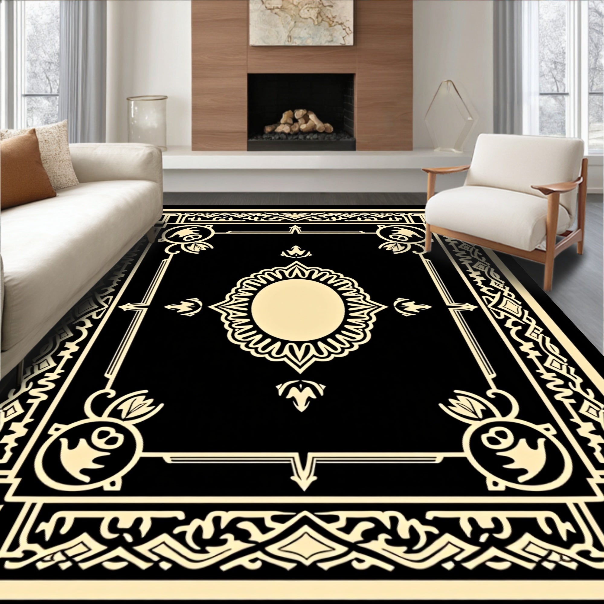 Art Deco Style Black Gold Frame Design Rug