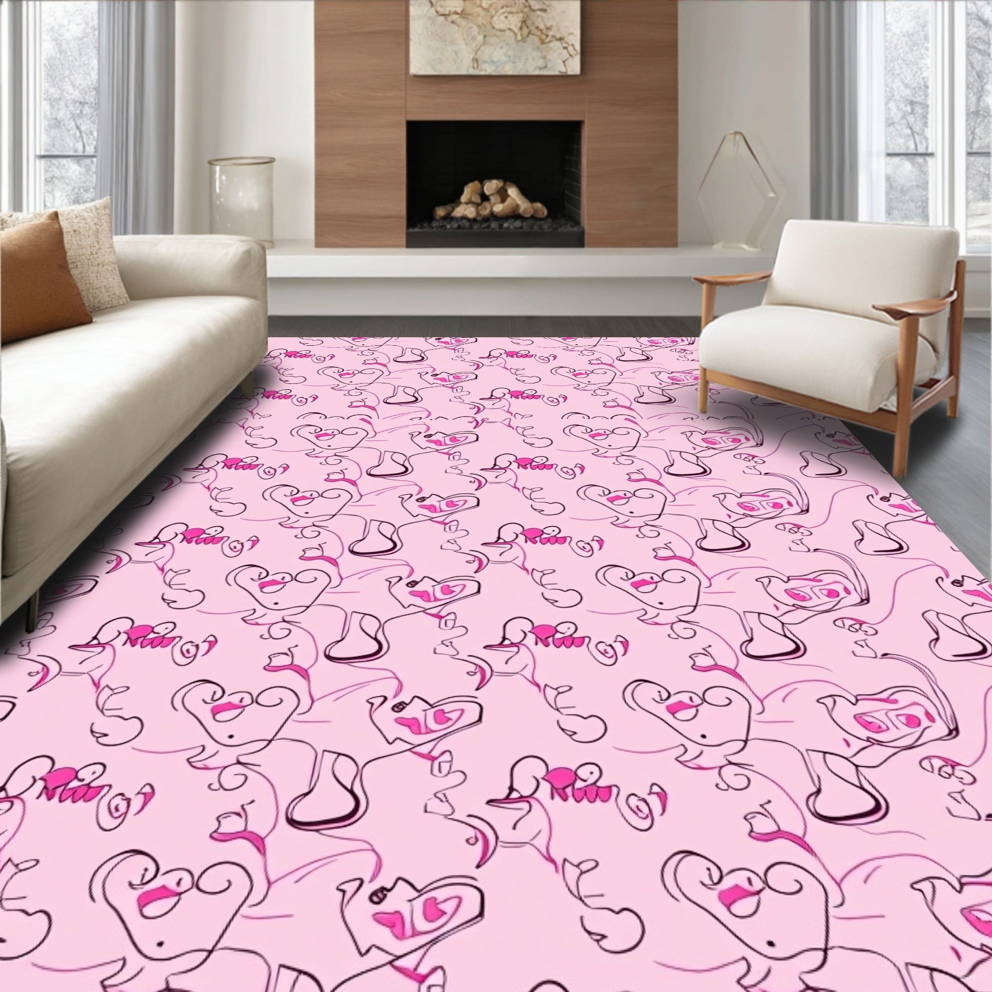 Pink Whimsical Abstract Line Art Rug