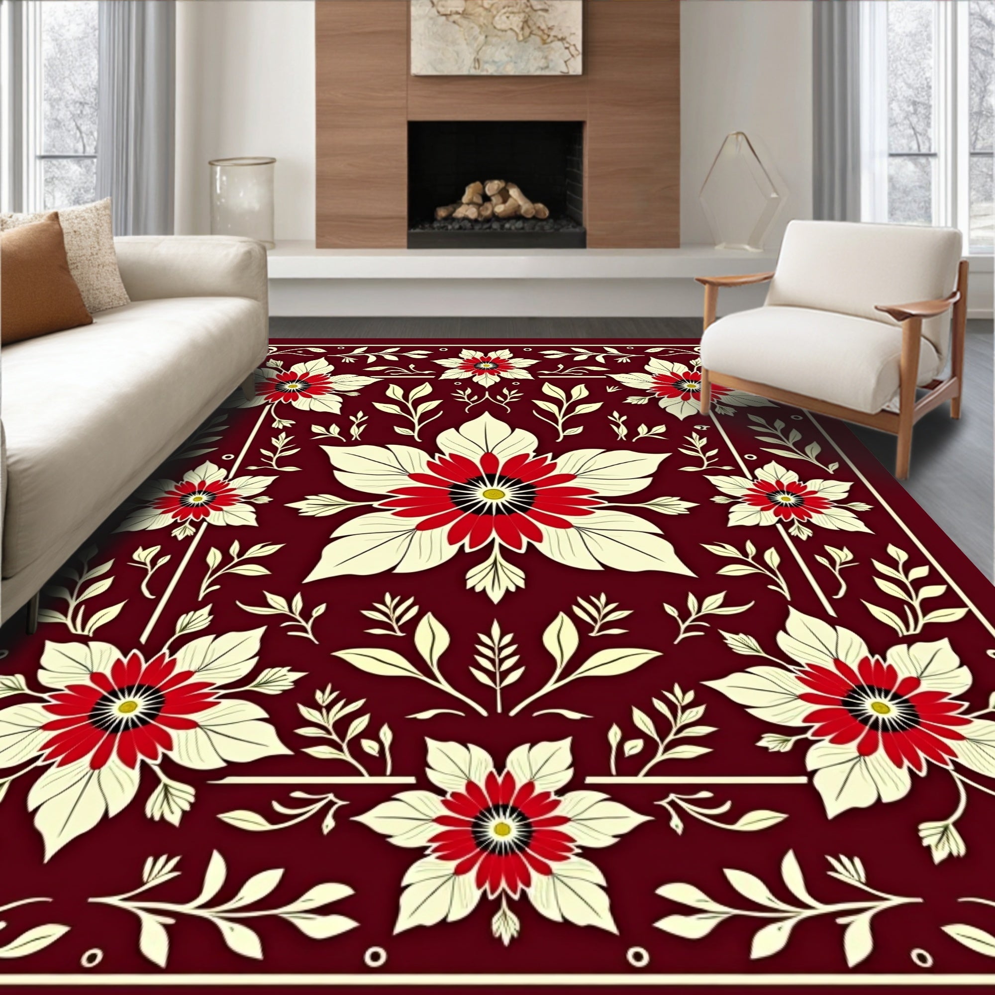 Crimson White Floral Medallion Arrangement Rug
