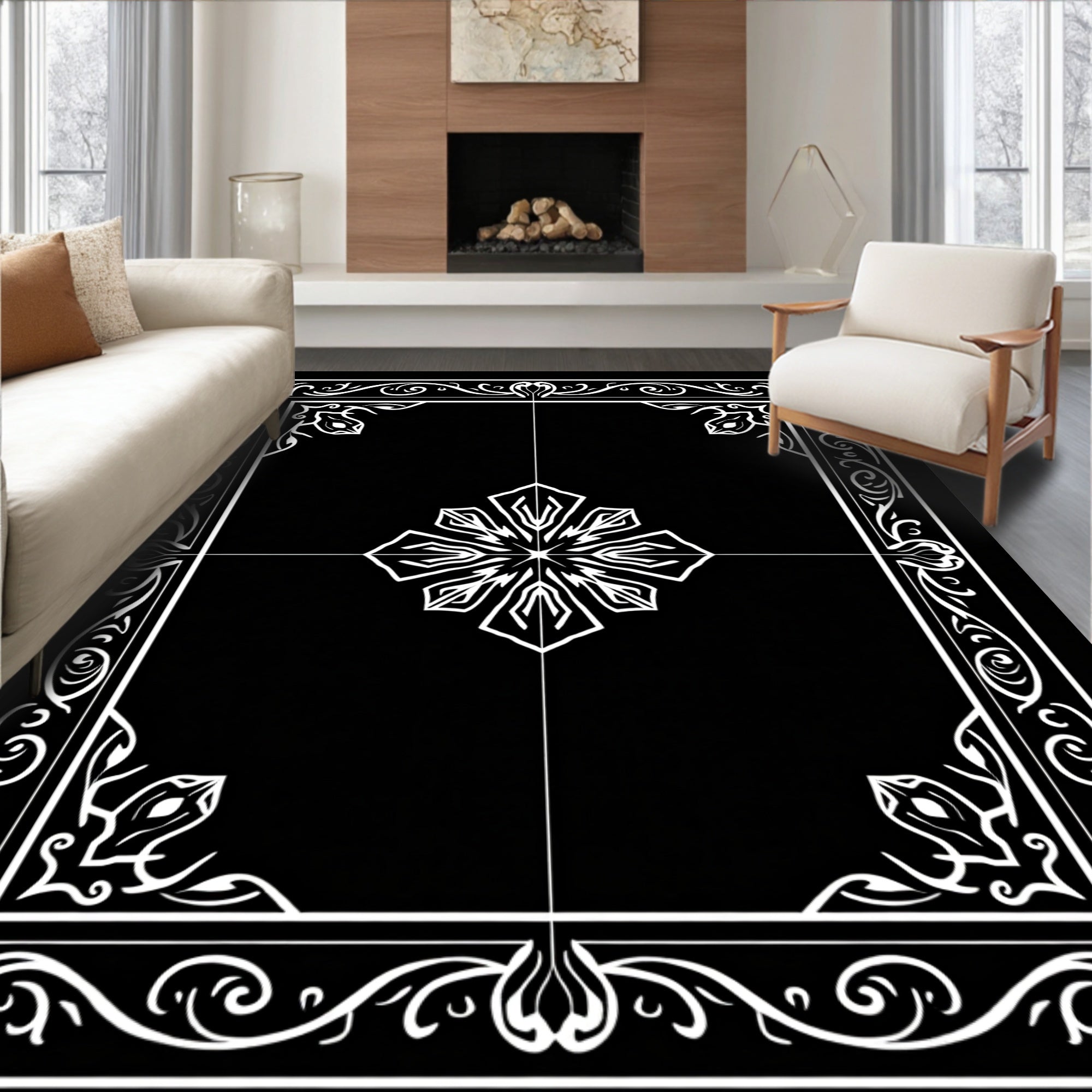 Ornate Black White Floral Medallion Rug