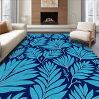 Bold Blue Tropical Leaf Pattern Rug