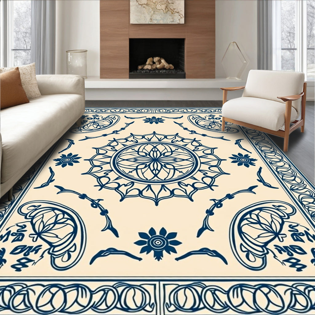 Ornate Navy Blue Mandala Pattern Rug