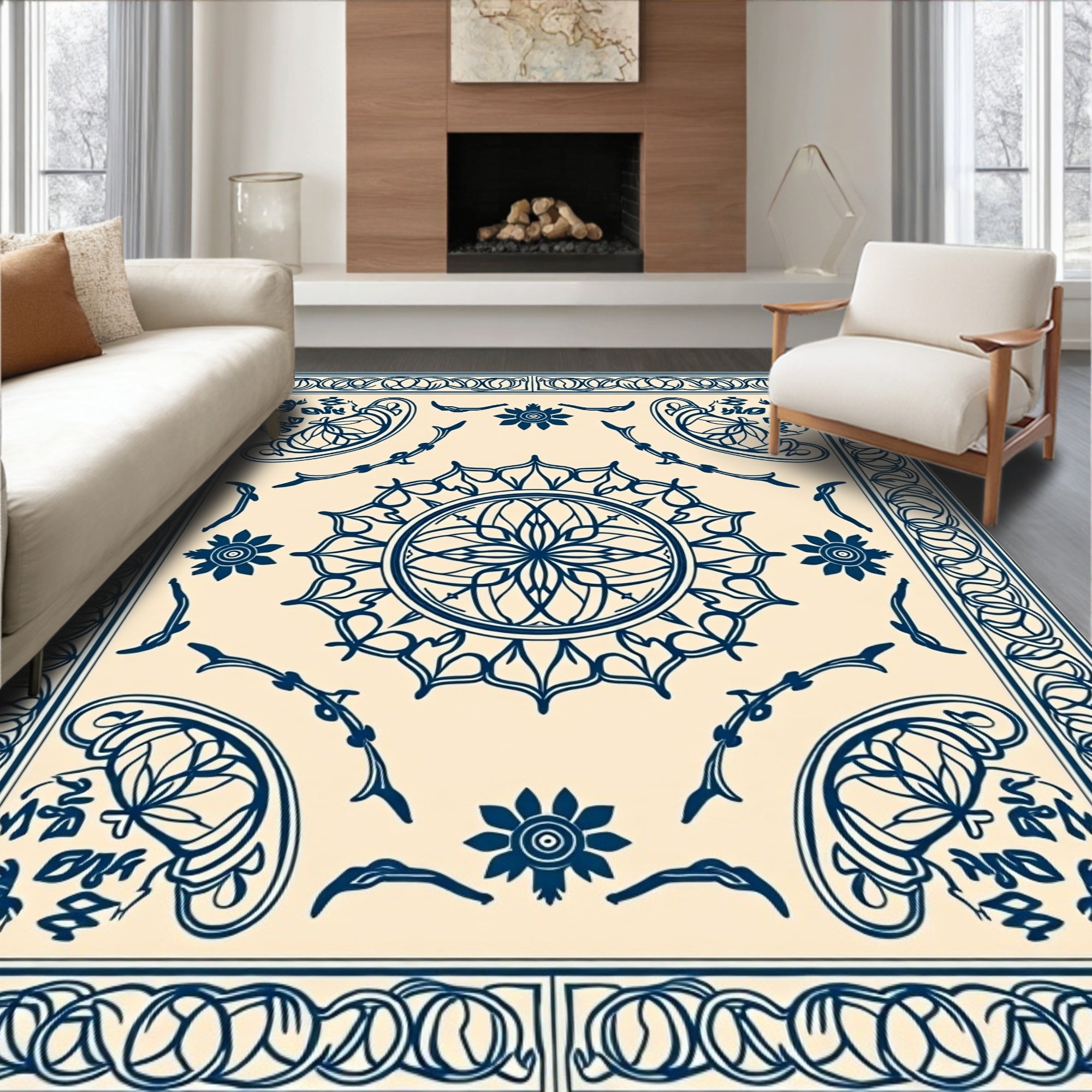Ornate Navy Blue Mandala Pattern Rug