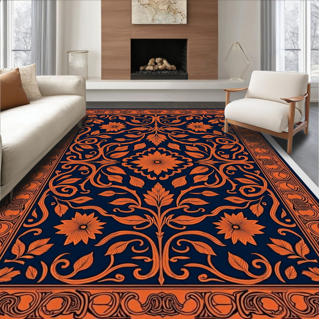 Ornate Floral Vine Dark Navy Design Rug