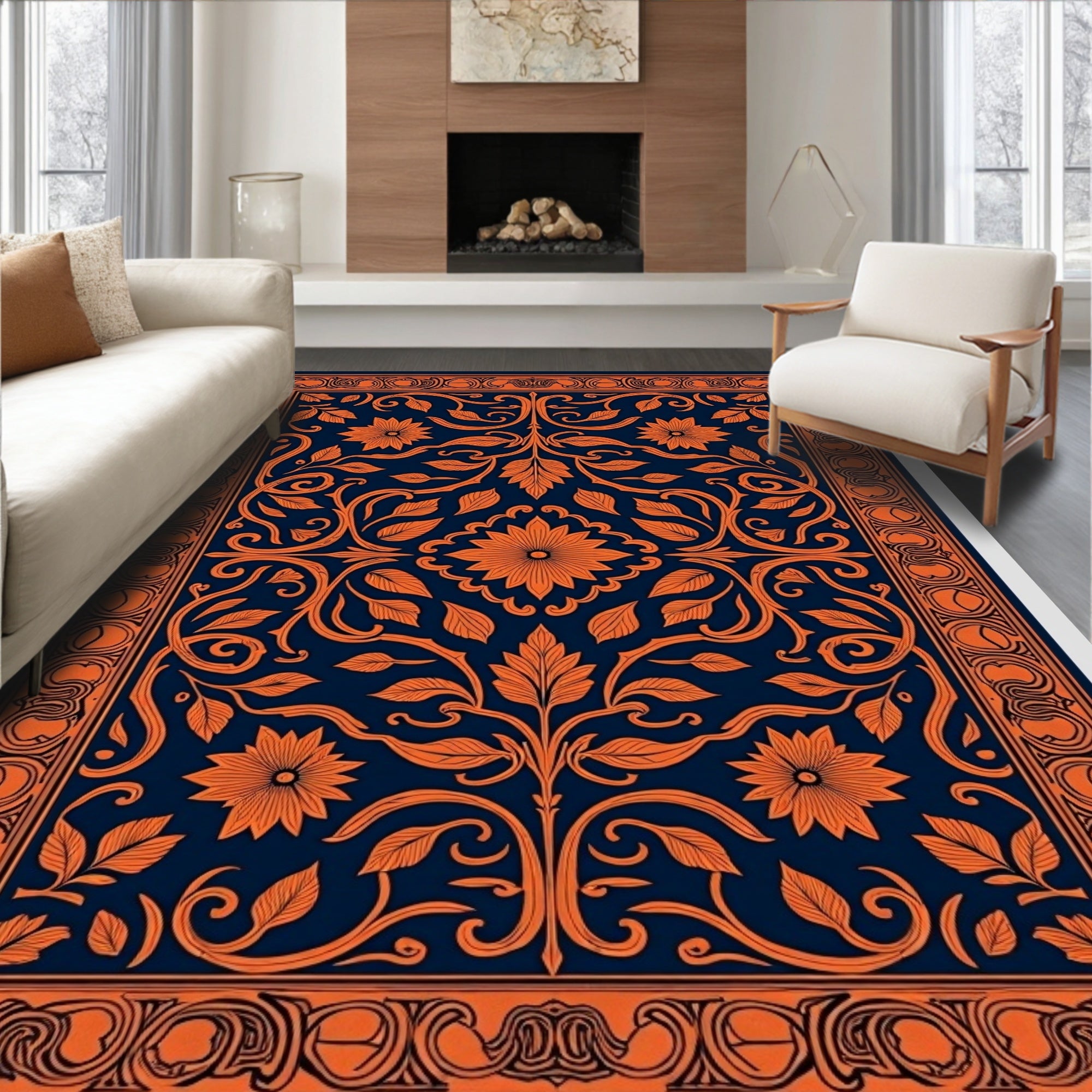 Ornate Floral Vine Dark Navy Design Rug