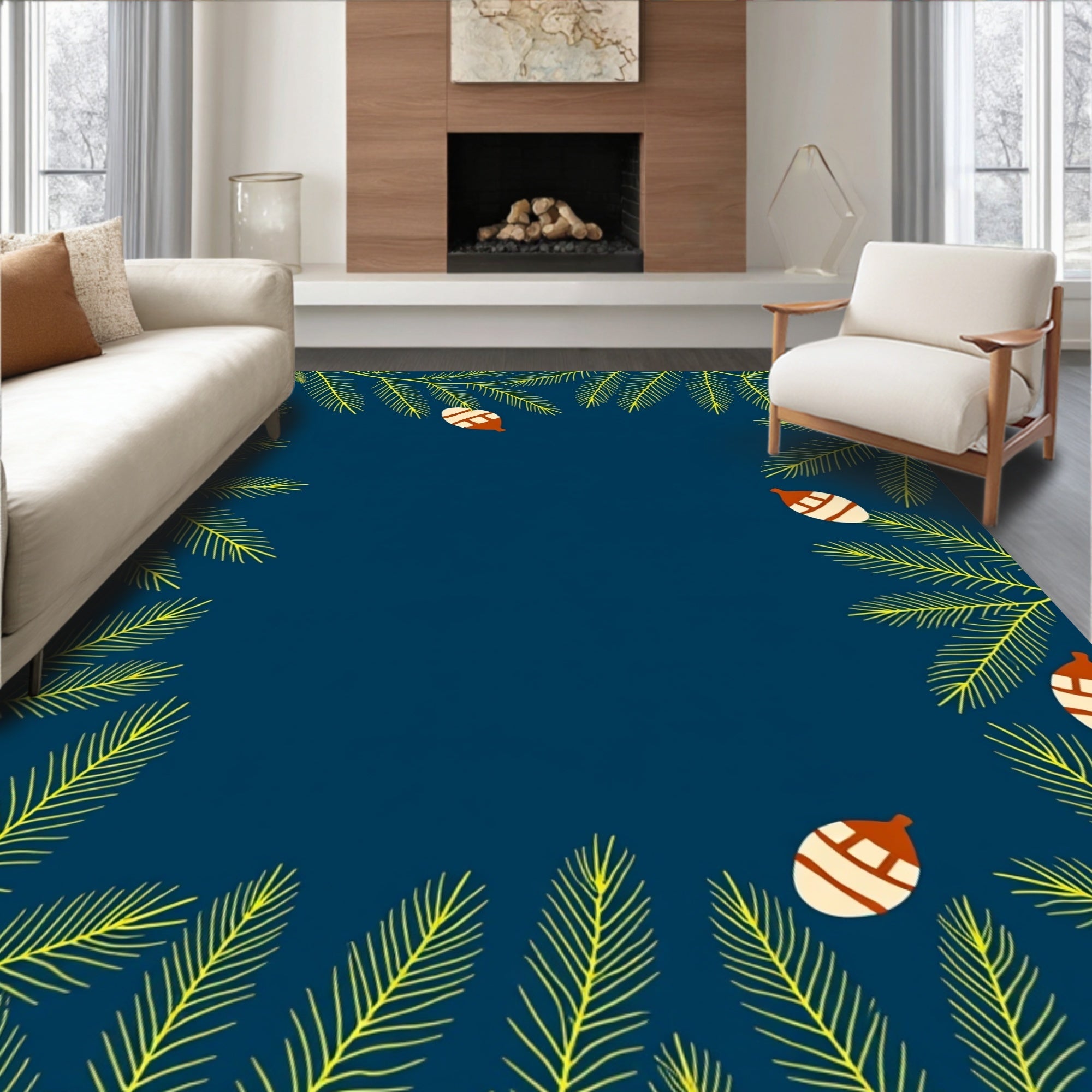 Deep Blue Pine Cone Spruce Branches Rug
