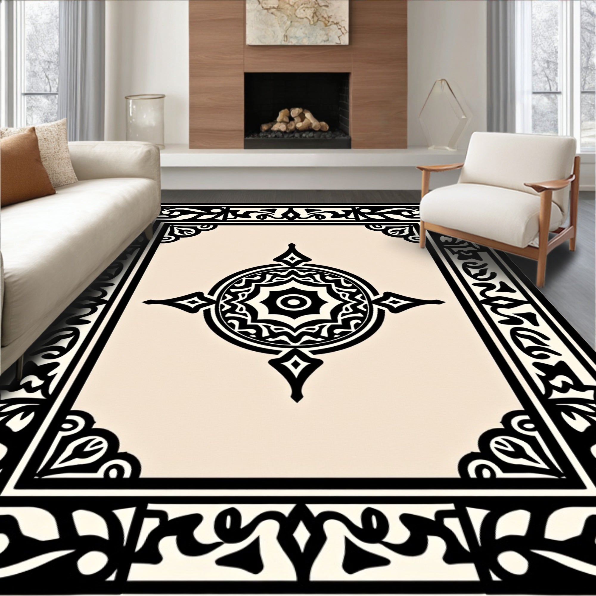 Intricate Geometric Patterned Cream Rug