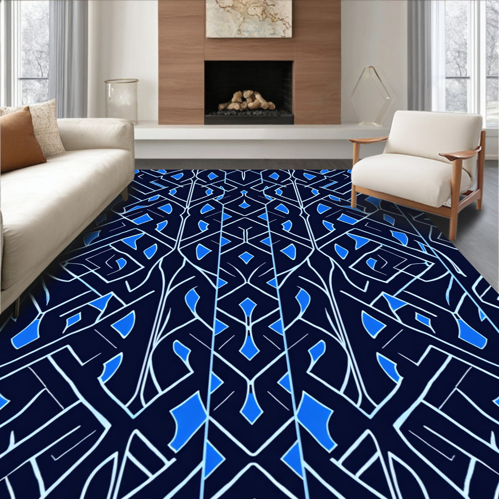 Dark Blue White Geometric Abstract Design Rug