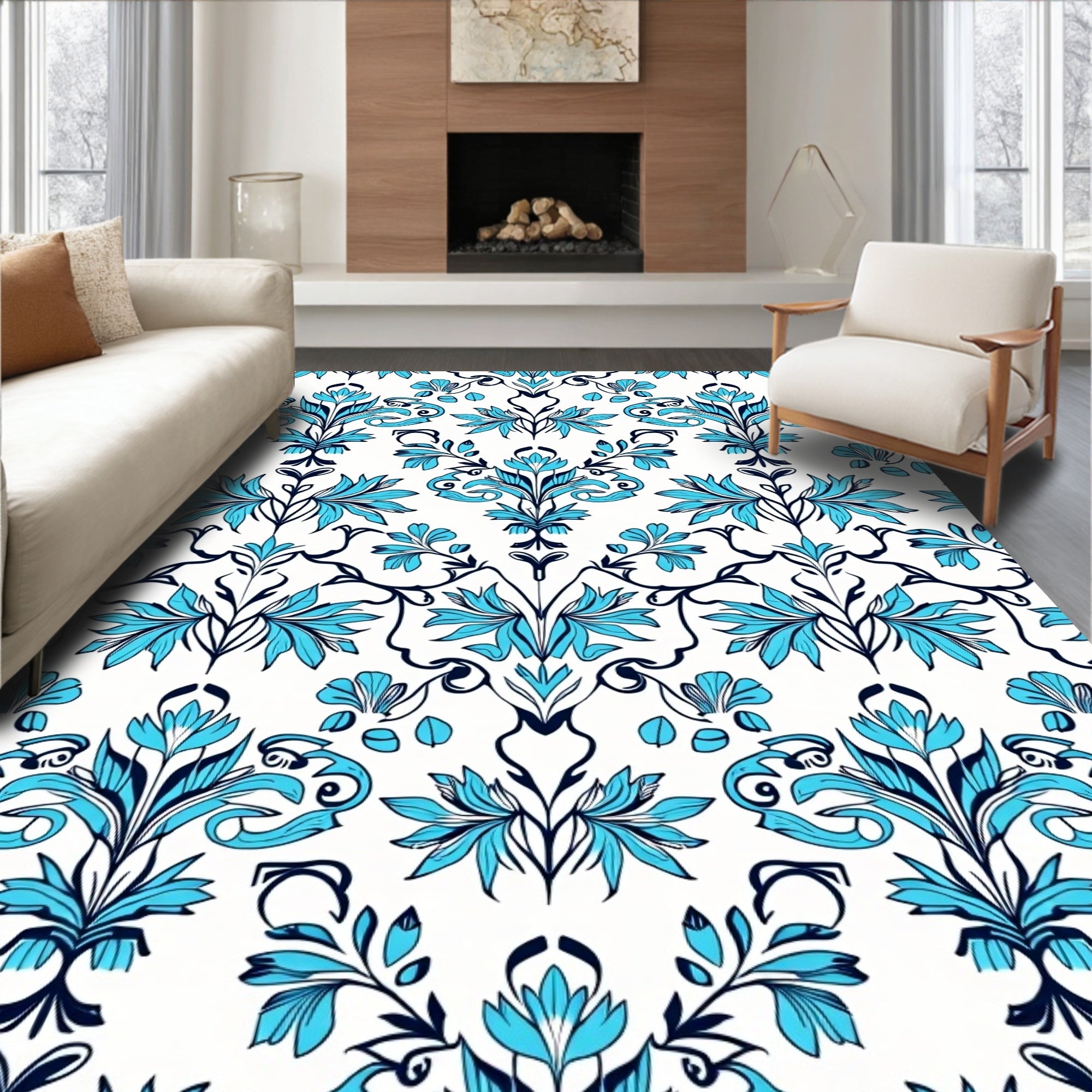 Elegant Teal Navy Floral Damask Rug