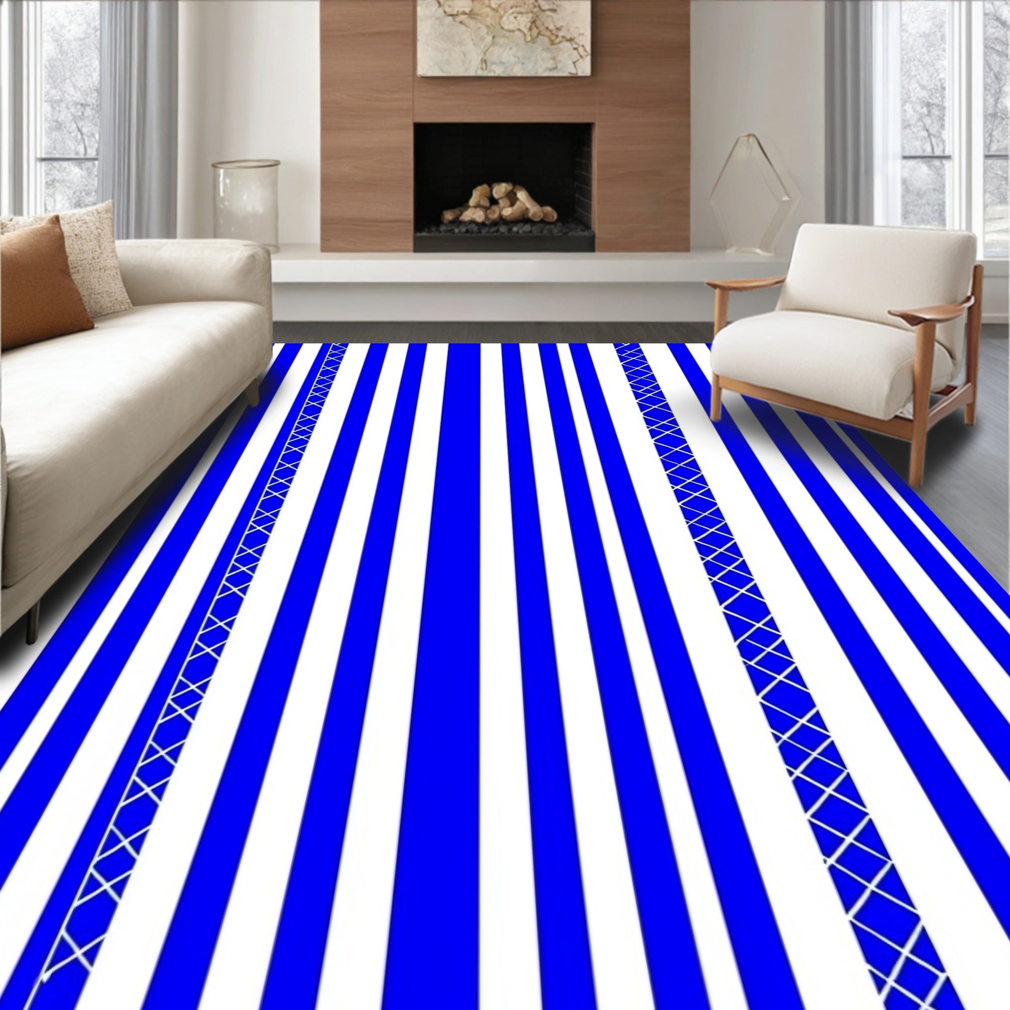 Bold Blue White Stripe Pattern Rug
