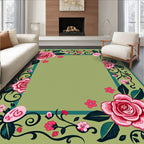 Pink Floral Border With Green Background Rug