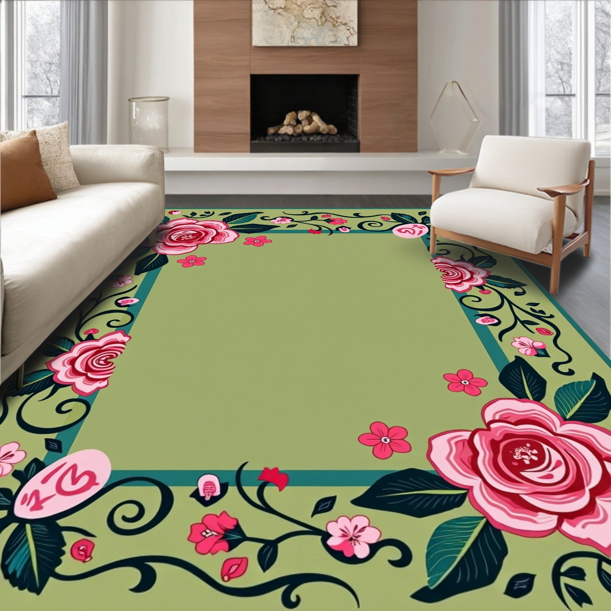 Pink Floral Border With Green Background Rug