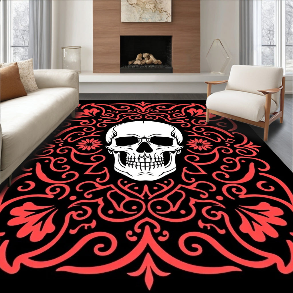 Crimson Skull Rococo Scrollwork Rug