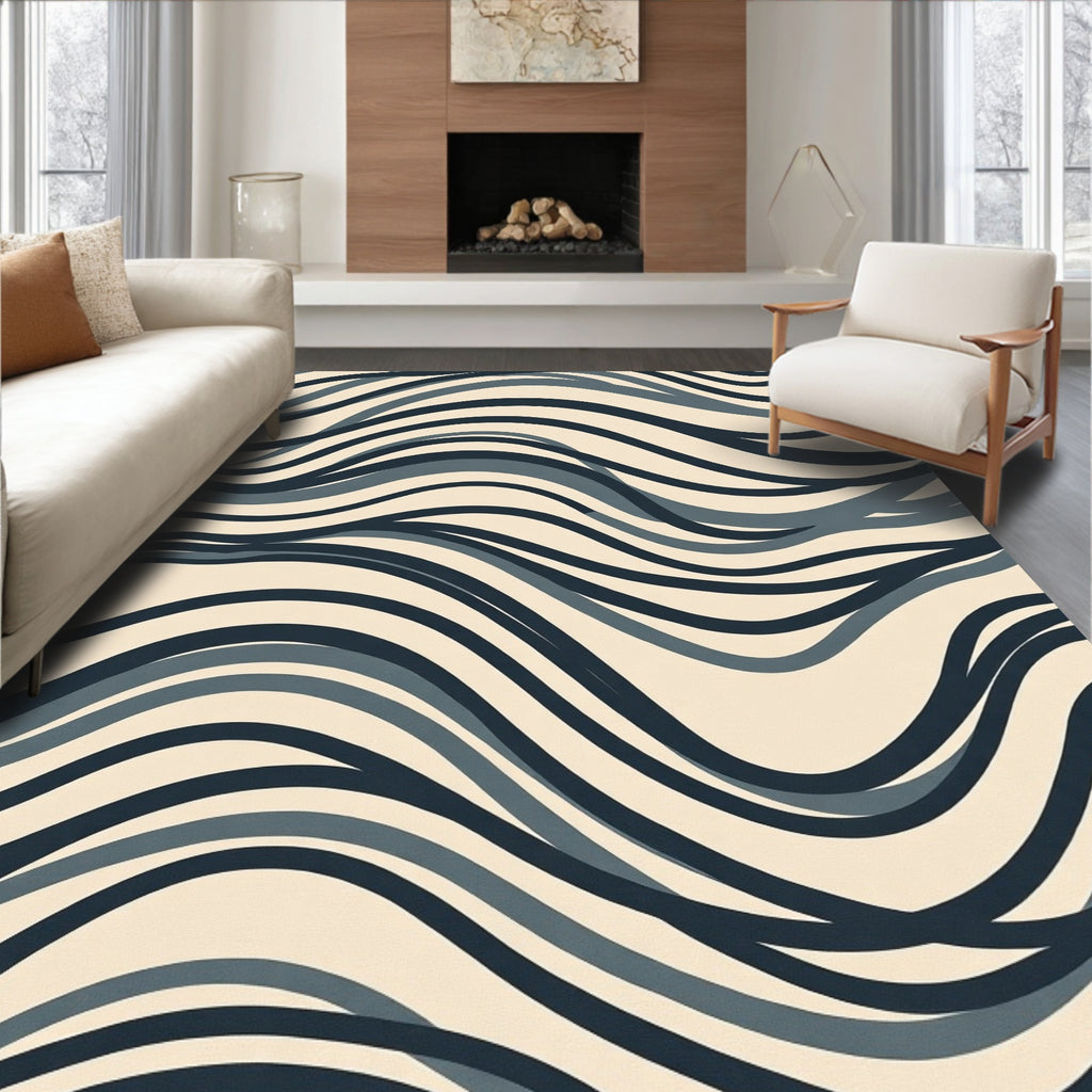 Dark Blue Swirl Pattern Textured Rug