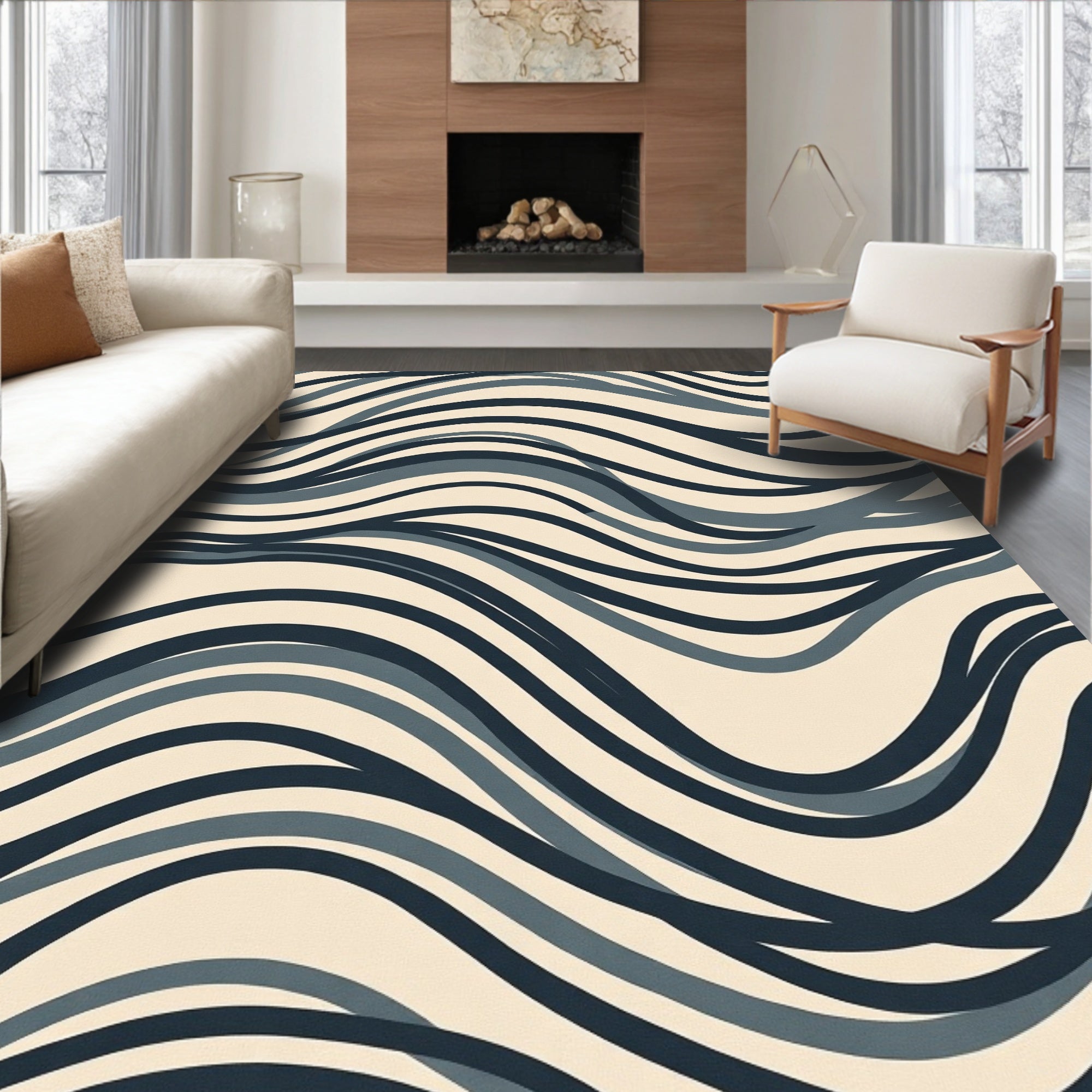 Dark Blue Swirl Pattern Textured Rug