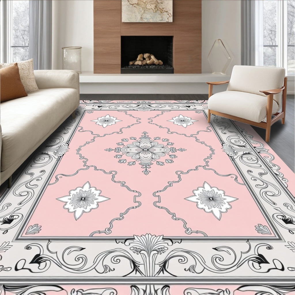 Pale Pink Floral Damask Scrollwork Rug