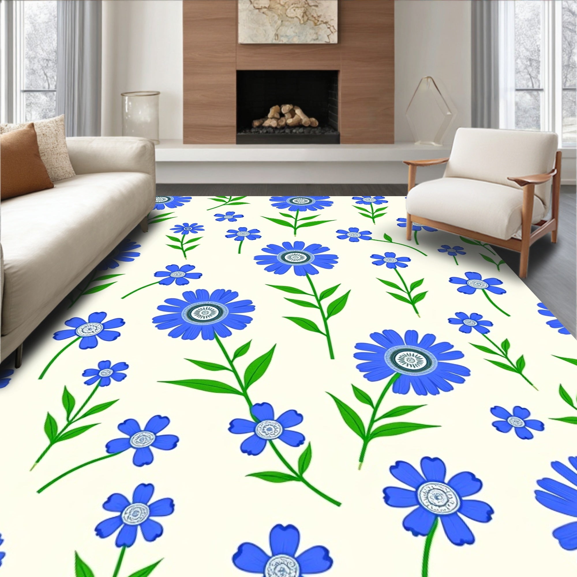 Blue Floral Botanical Pattern Rug