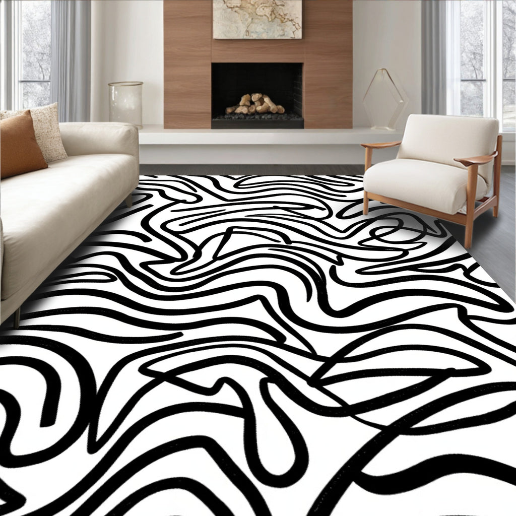 Bold Black Wavy Stripe Pattern Rug