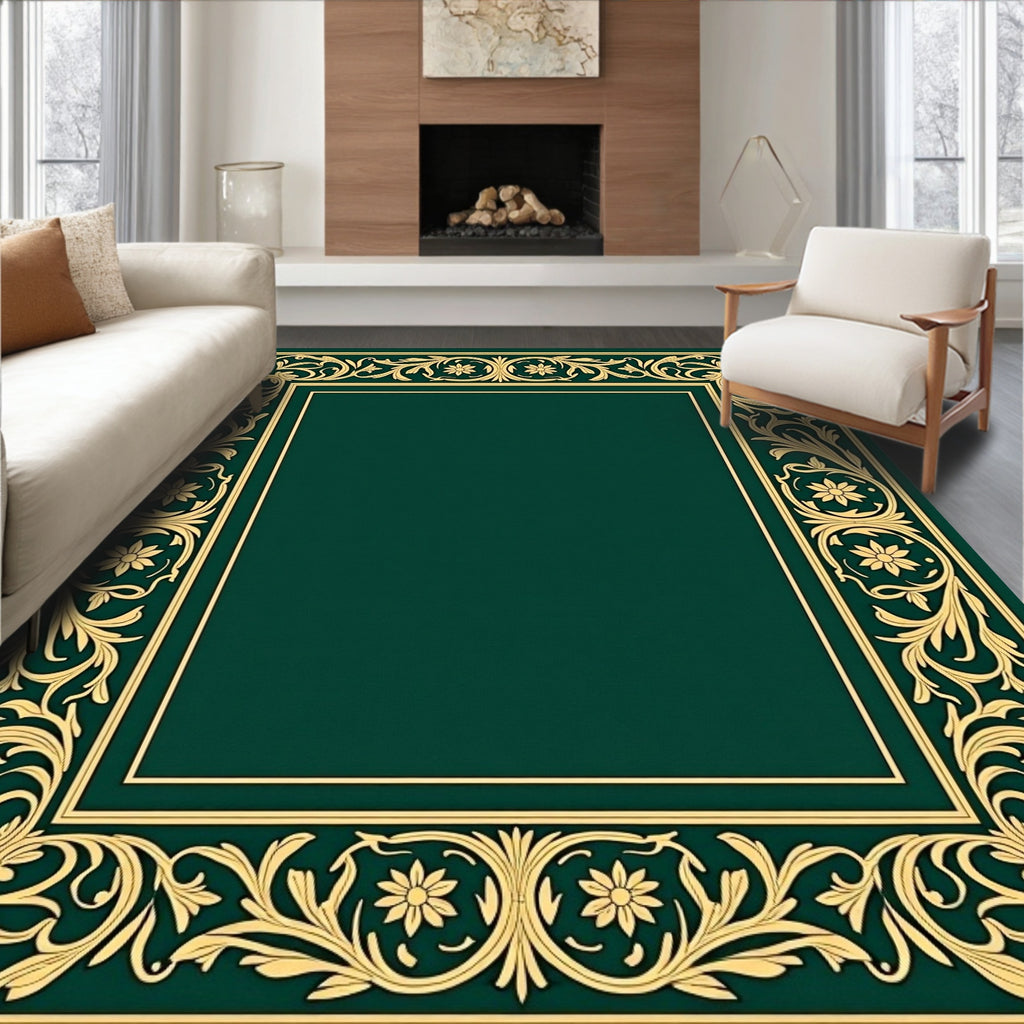 Ornate Gold Floral Border Design Rug