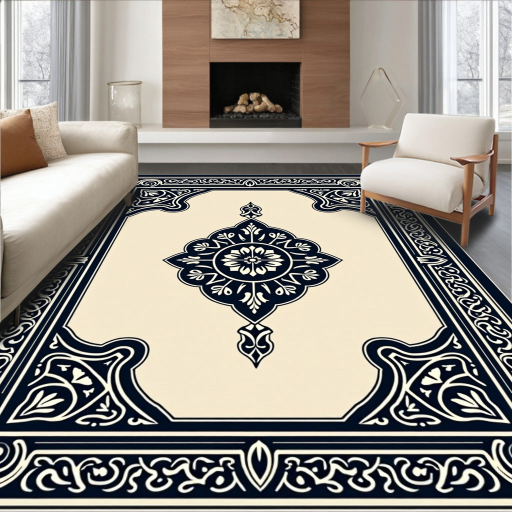 Ornate Floral Medallion Navy Design Rug