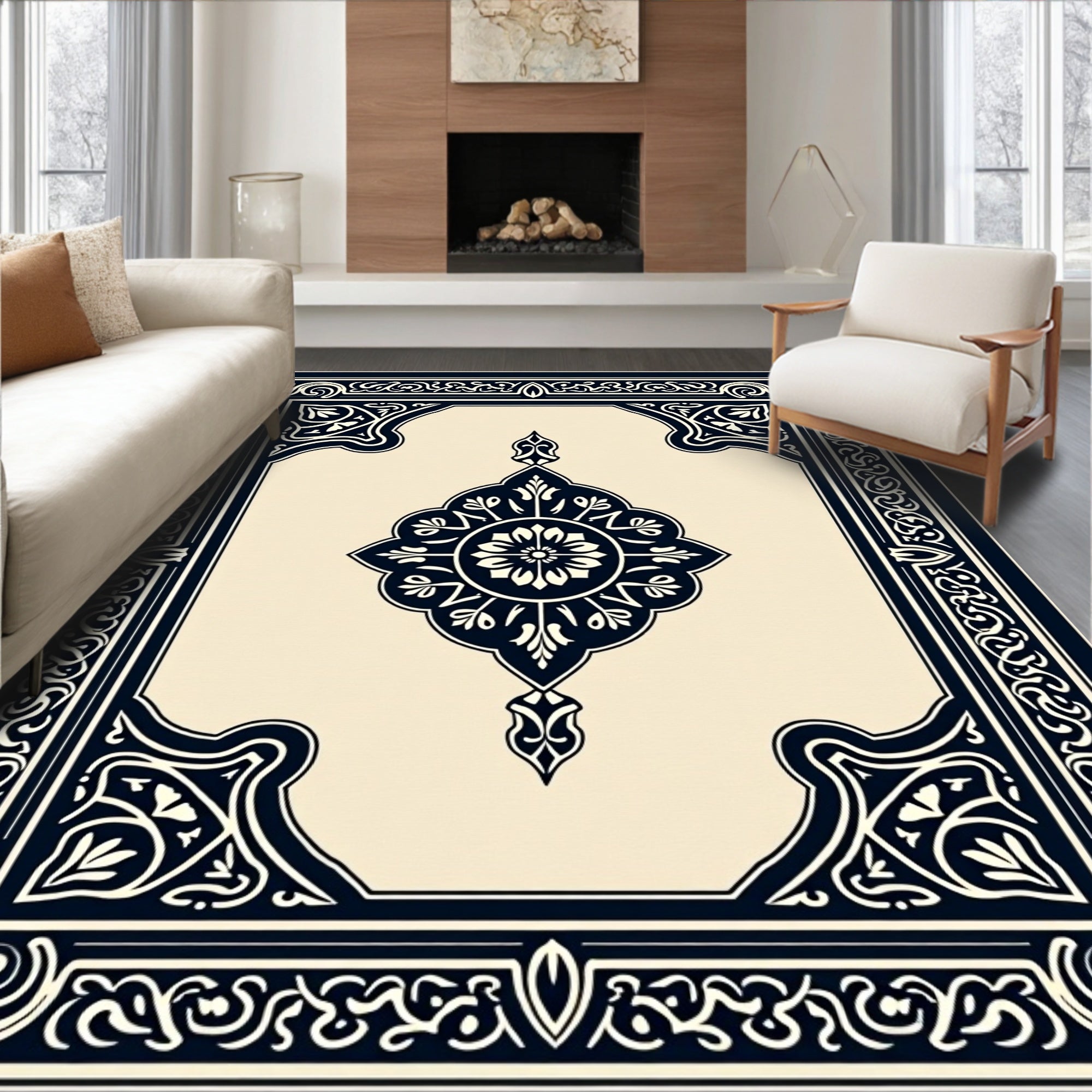 Ornate Floral Medallion Navy Design Rug