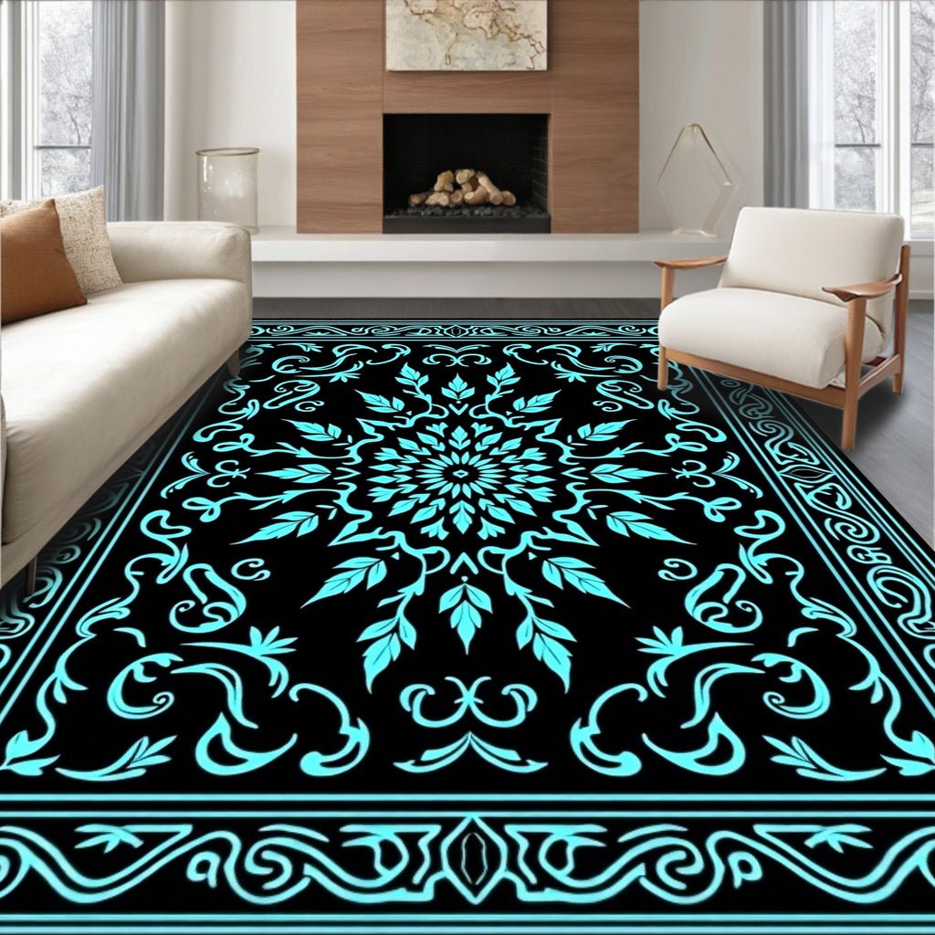 Bright Teal Leaf Mandala Pattern Rug
