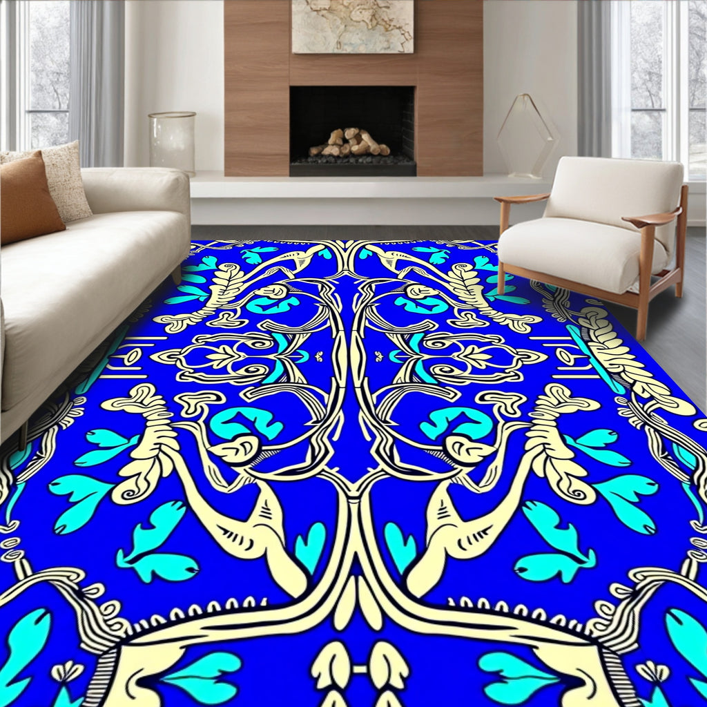 Elaborate Floral Swirls Blue Cream Rug