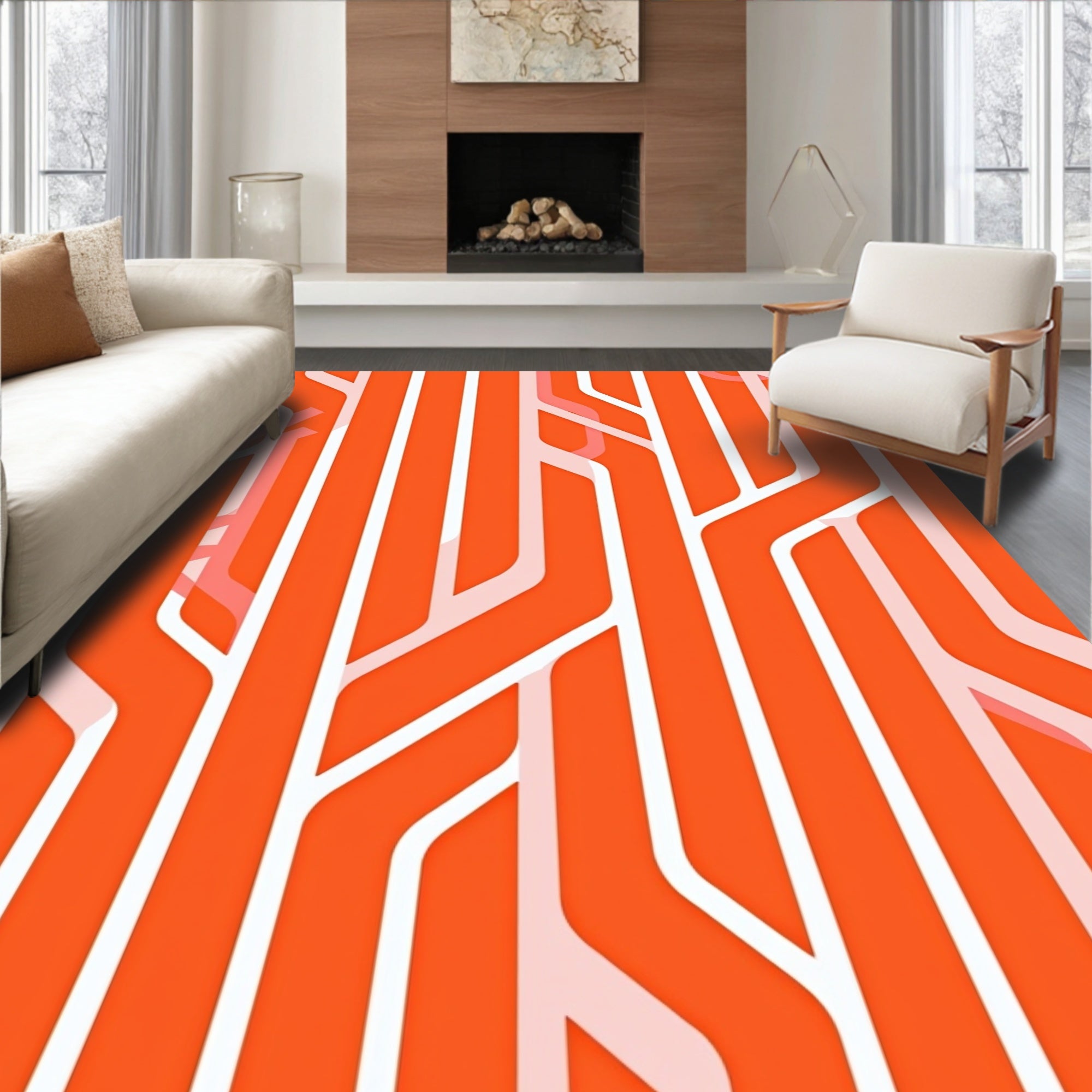 Vibrant Orange Abstract Pathway Pattern Rug