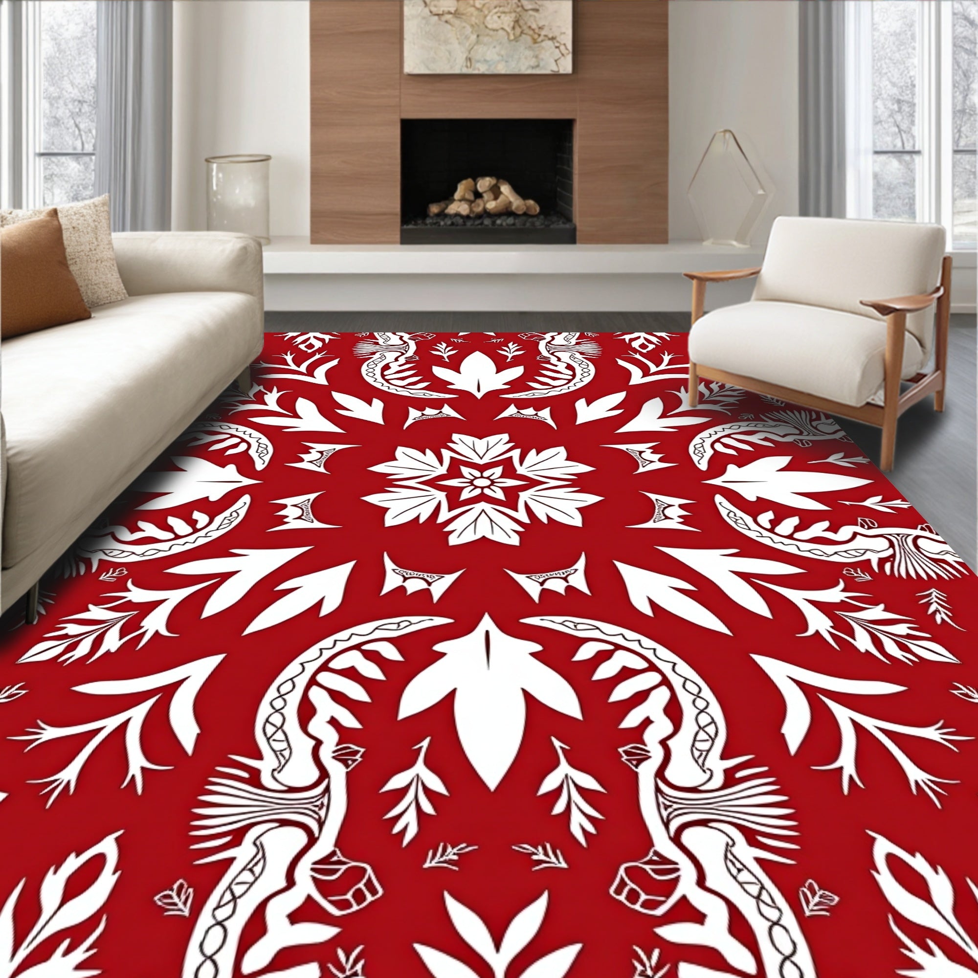 Crimson Scarlet Folk Art Floral Medallion Rug