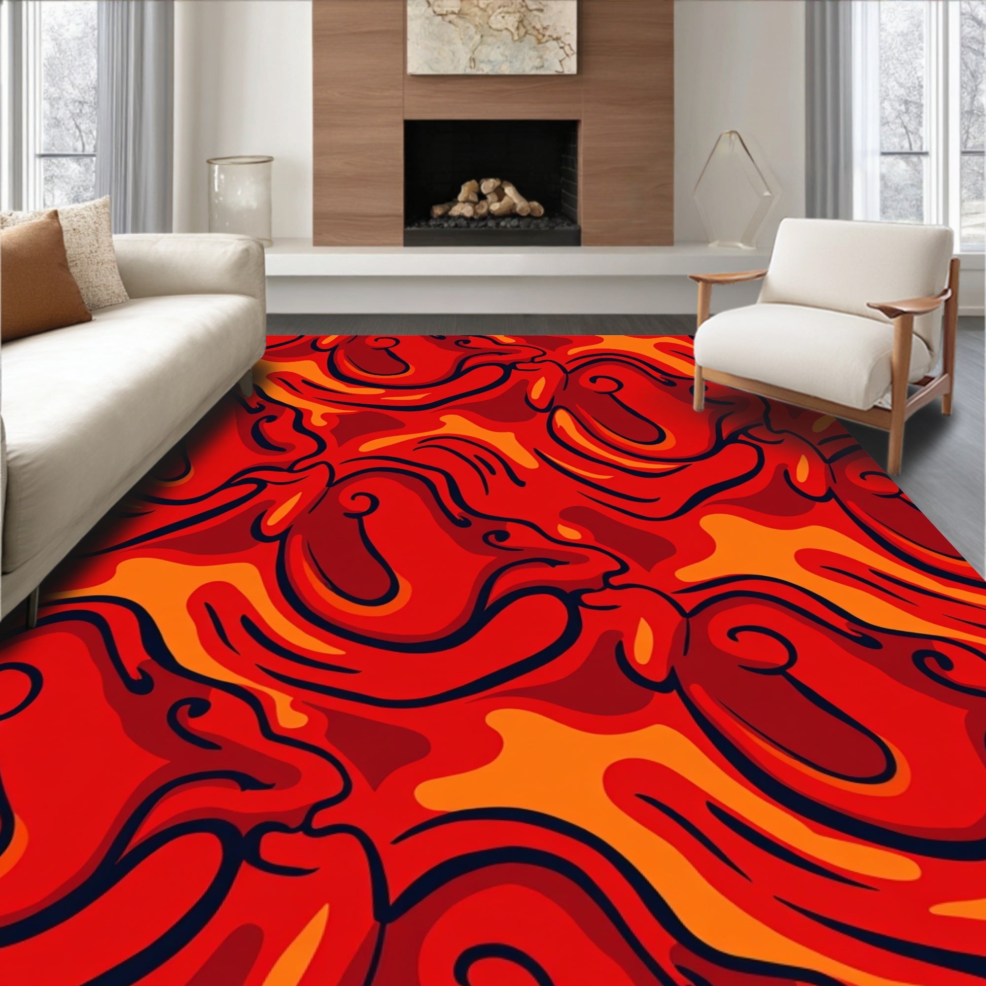 Bold Red Orange Swirl Pattern Design Rug