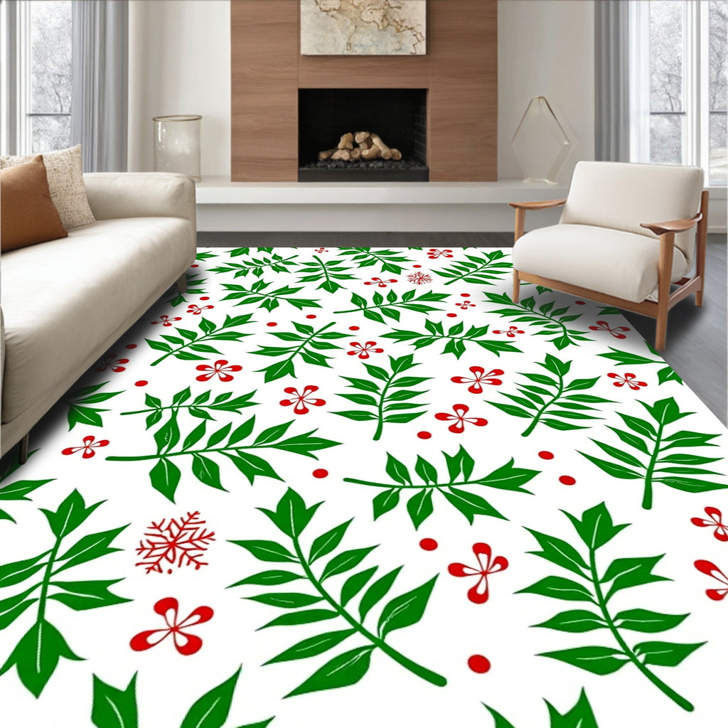 Green Foliage Red Berry Snowflake Rug