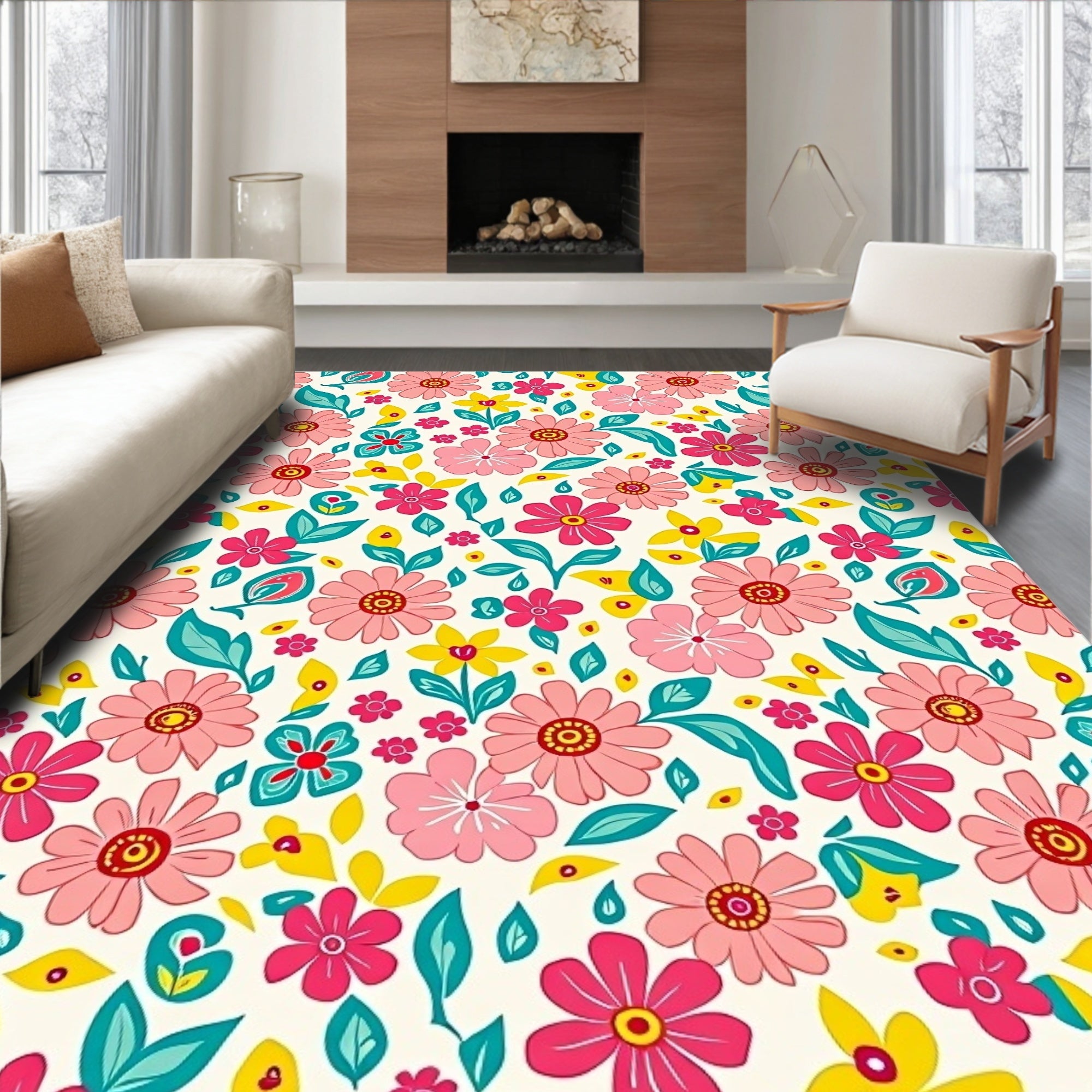 Mid Century Floral Pattern Rug