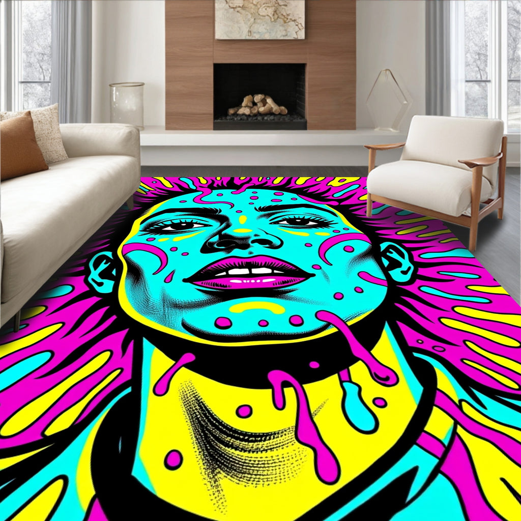 Psychedelic Portrait with Neon Splatter Rug