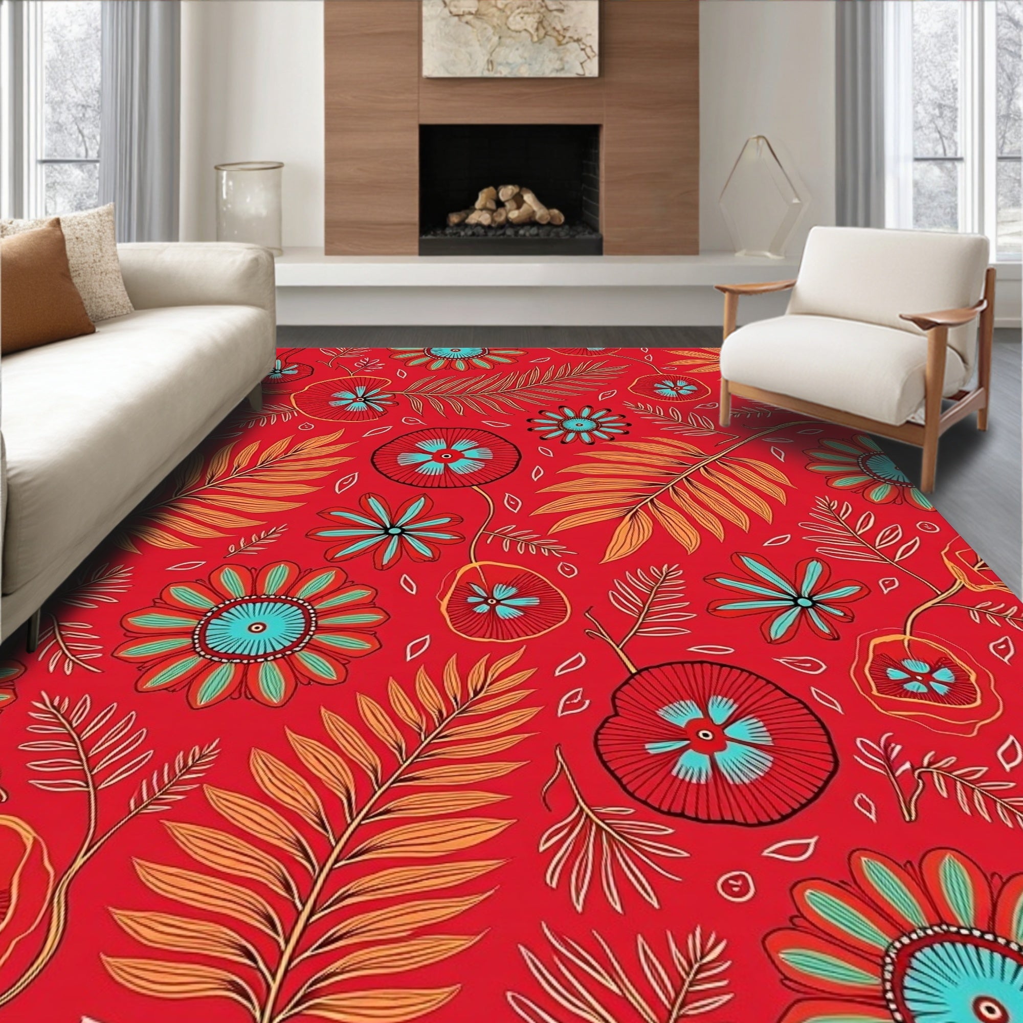 Vibrant Red Floral Fern Pattern Rug