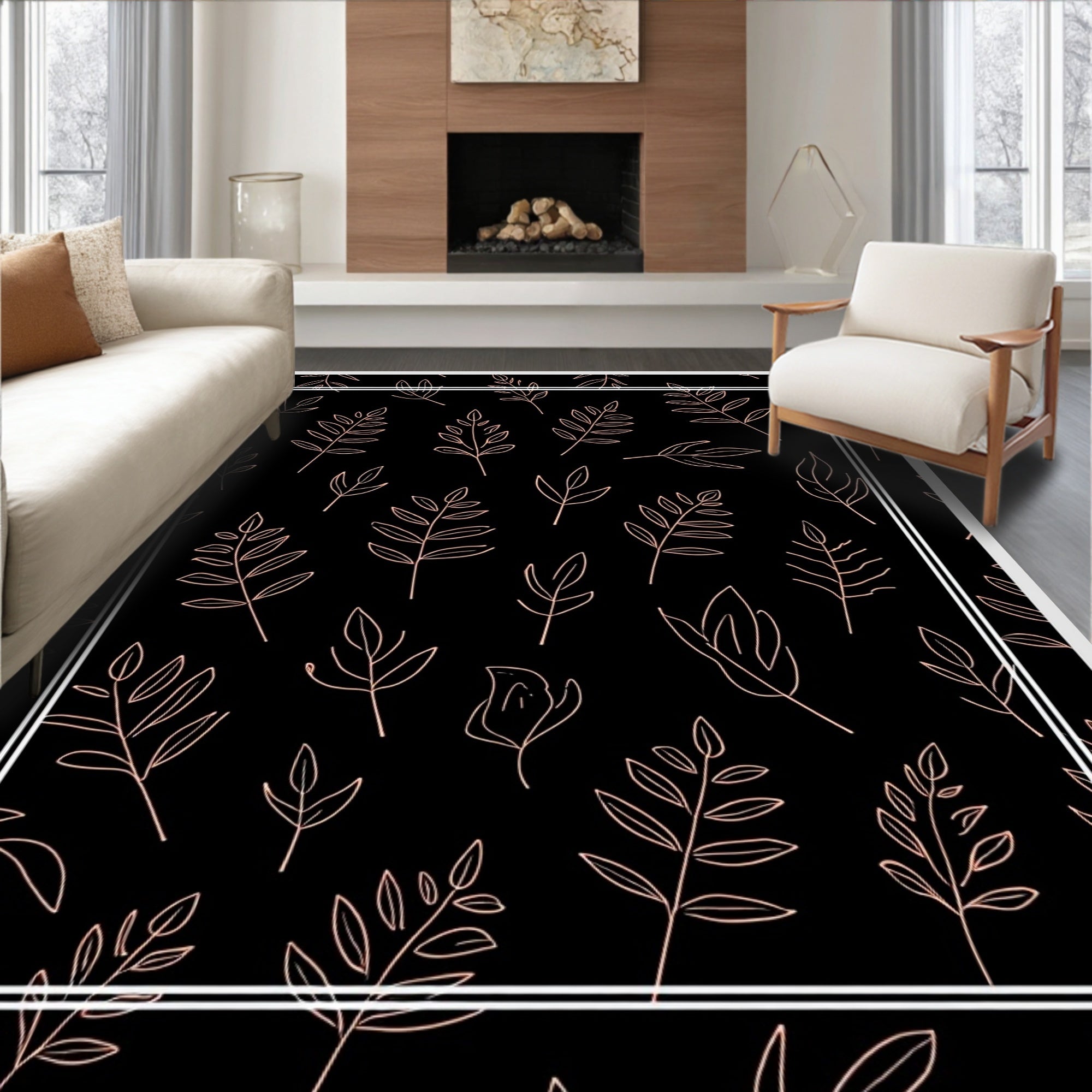 Botanical Sketch Outline On Black Rug
