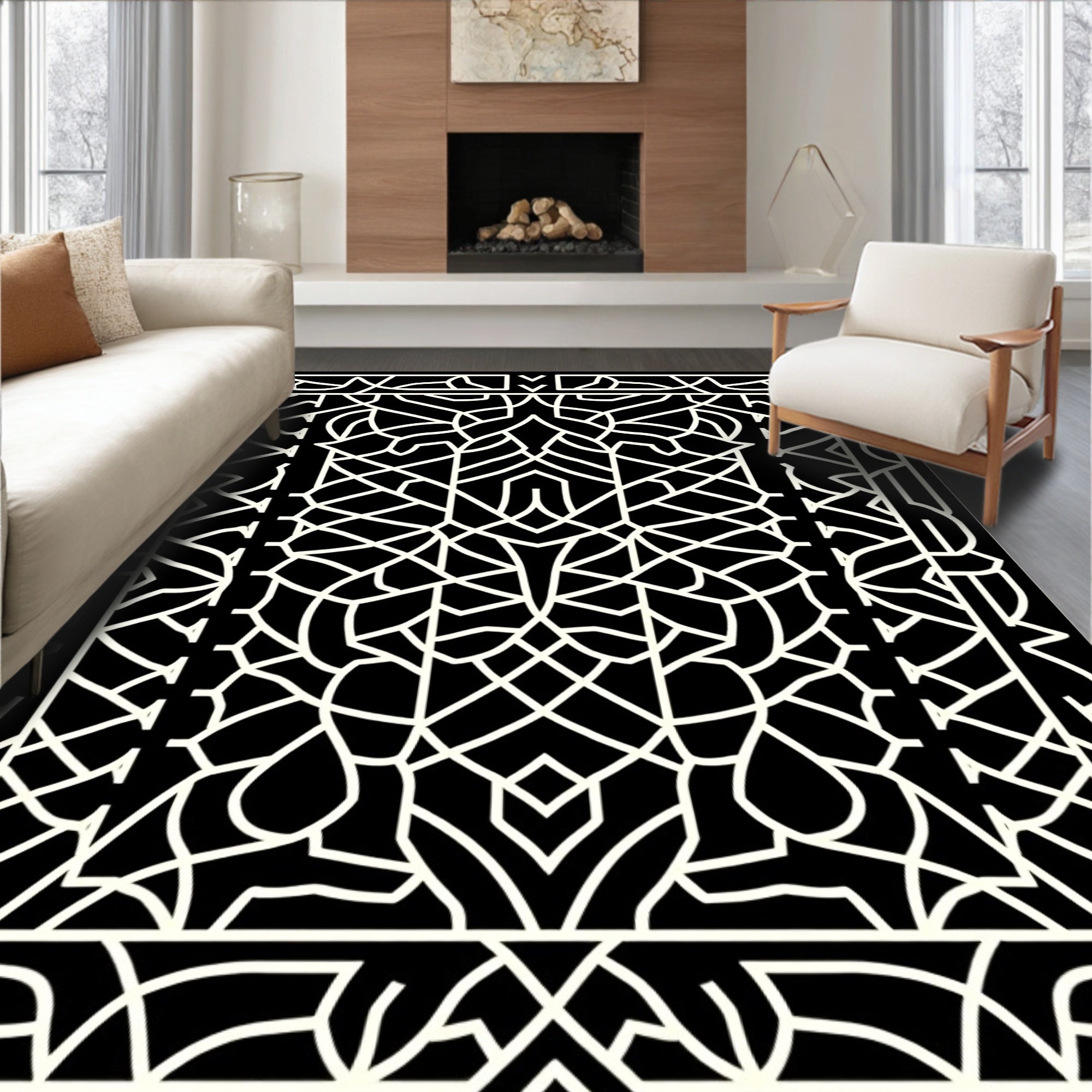 Intricate Geometric Black Cream Pattern Rug