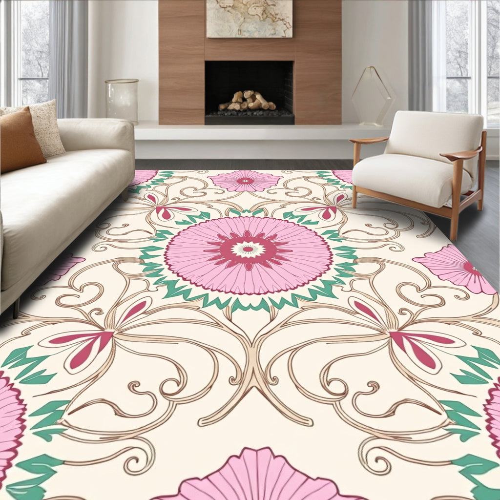 Pink Floral Vines Pattern Rug