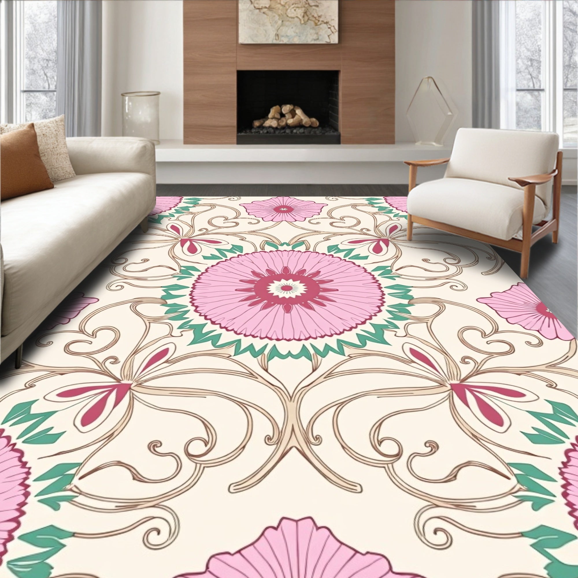 Pink Floral Vines Pattern Rug