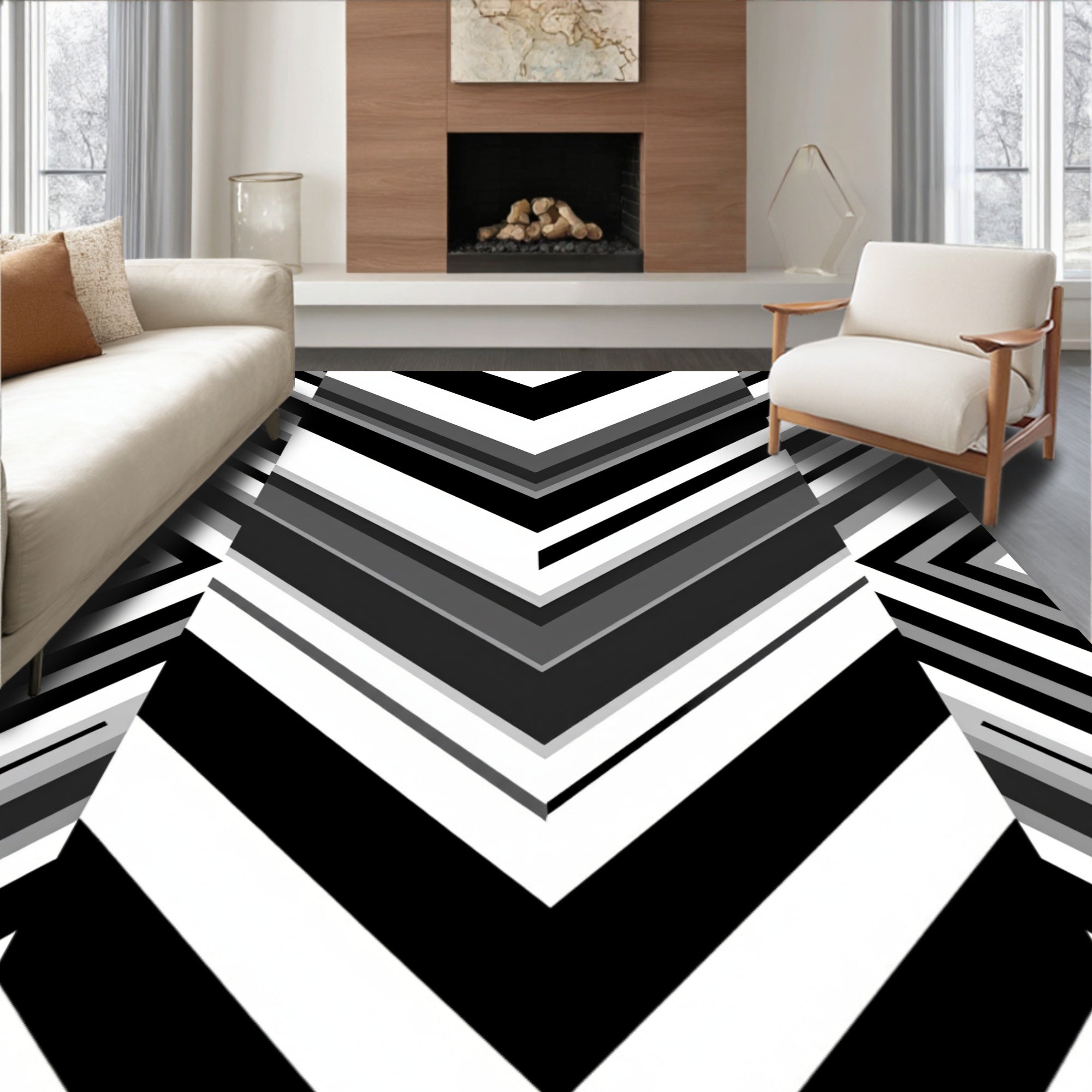 Bold Black White Chevron Stripes Design Rug