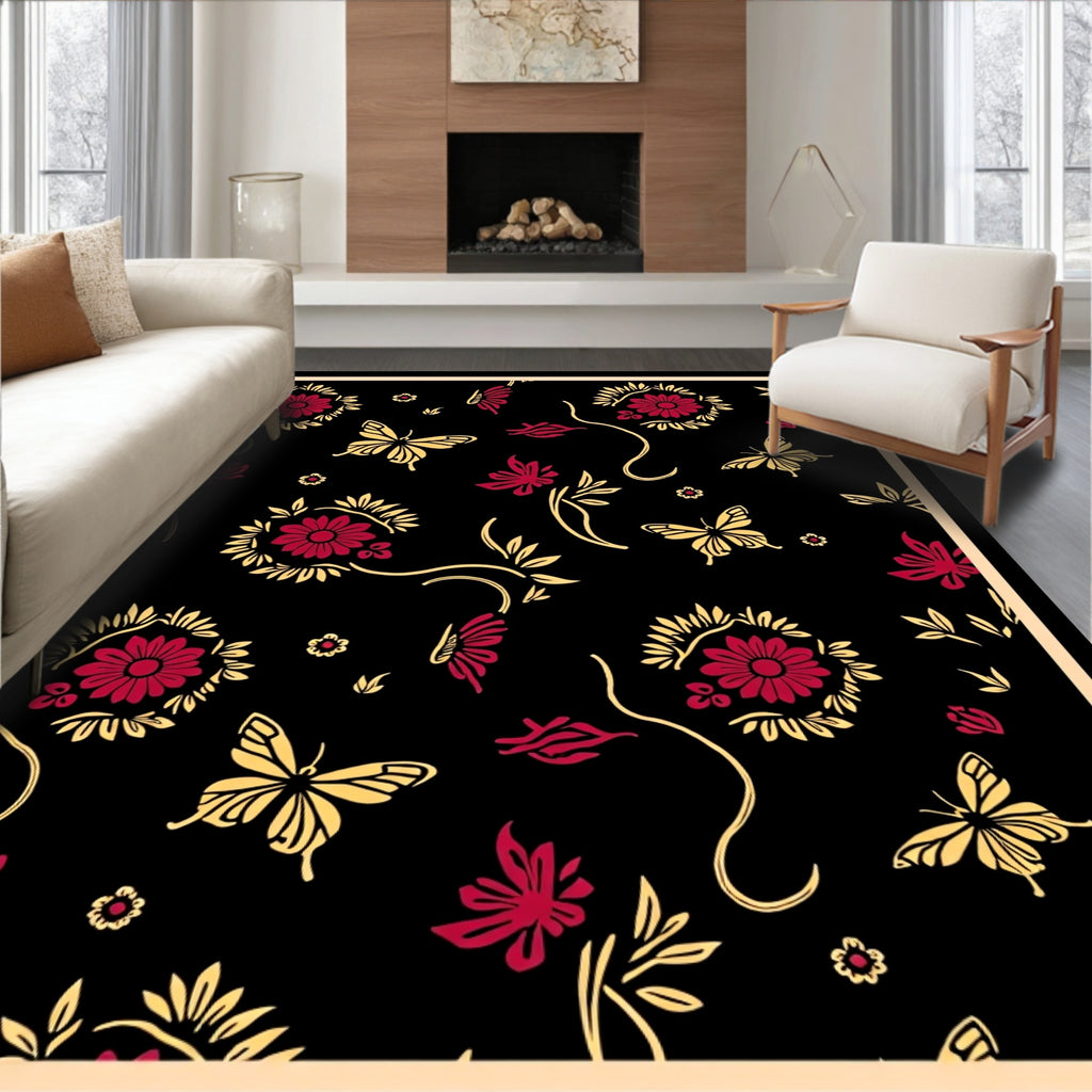 Crimson Gold Butterfly Floral Swirl Rug