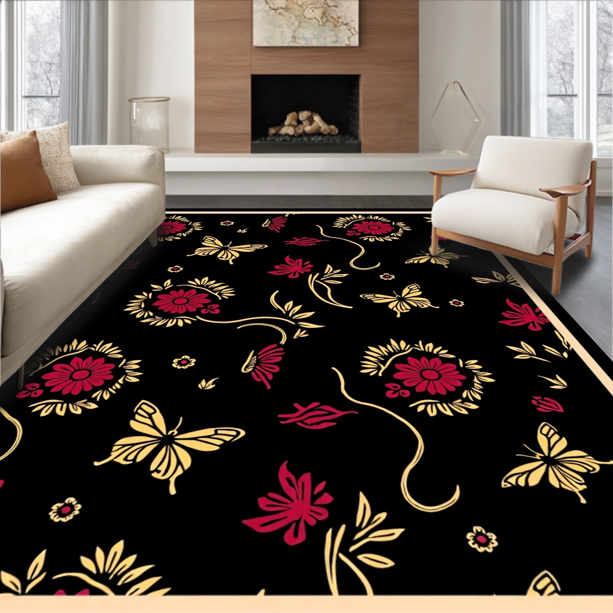 Crimson Gold Butterfly Floral Swirl Rug