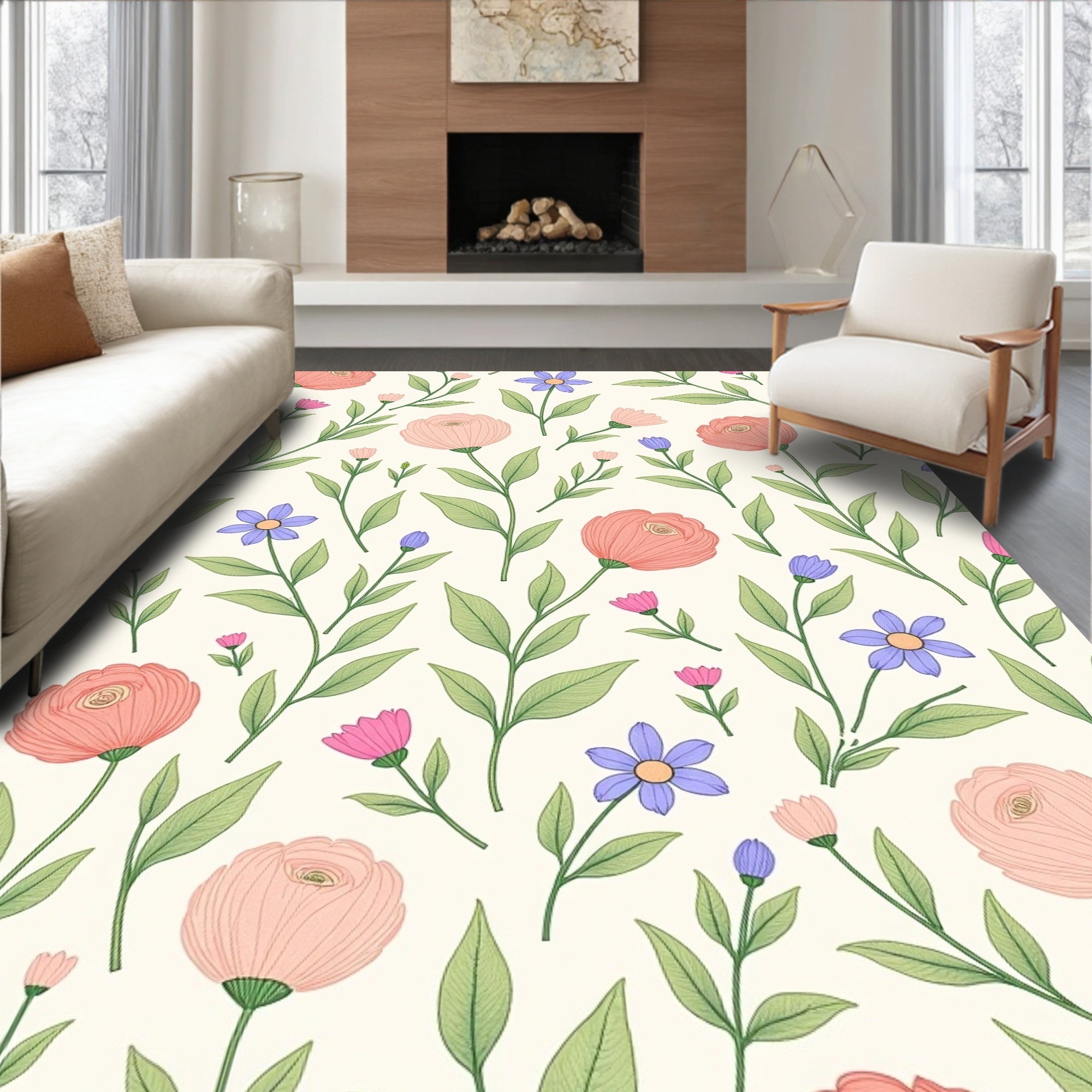 Pretty Floral Botanic Pattern Rug
